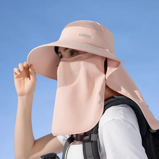 Detachable Face Mask Shawl Wide Brim Boonie Hat with Ponytail Hole