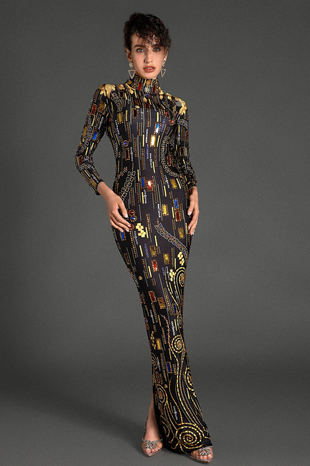 Puloulis Highneck Rhinestone Maxi Dress