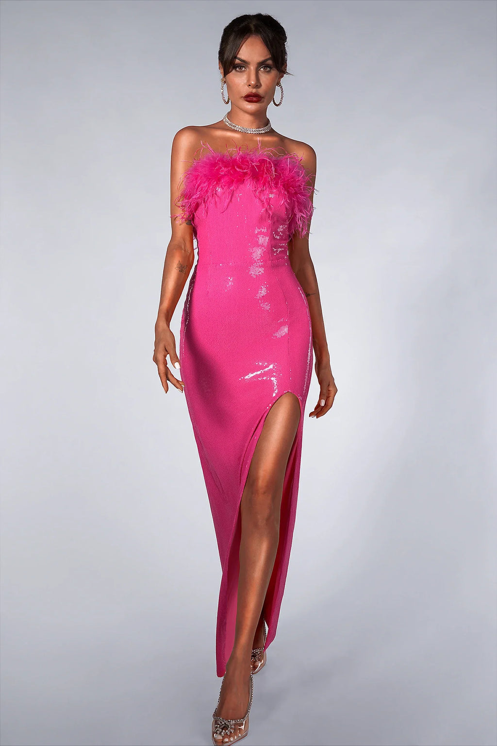 Carmencita Sequin Feather Maxi Dress