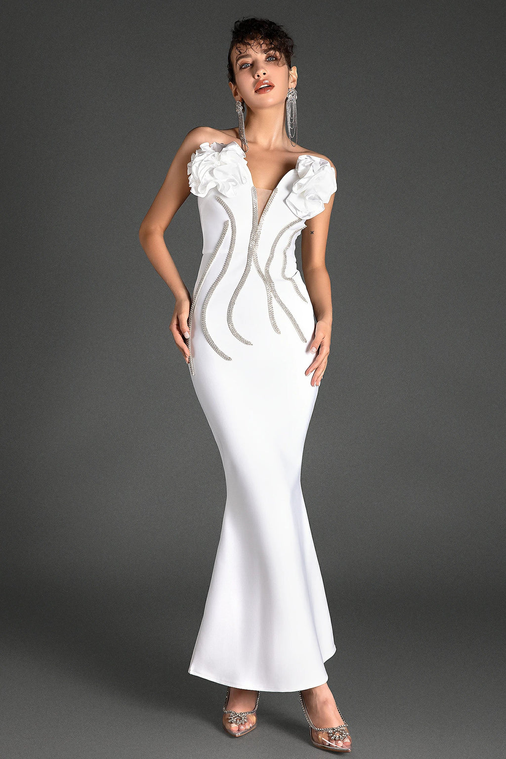 Rousselis Off Shoulder Rhinestone Mermaid Dress