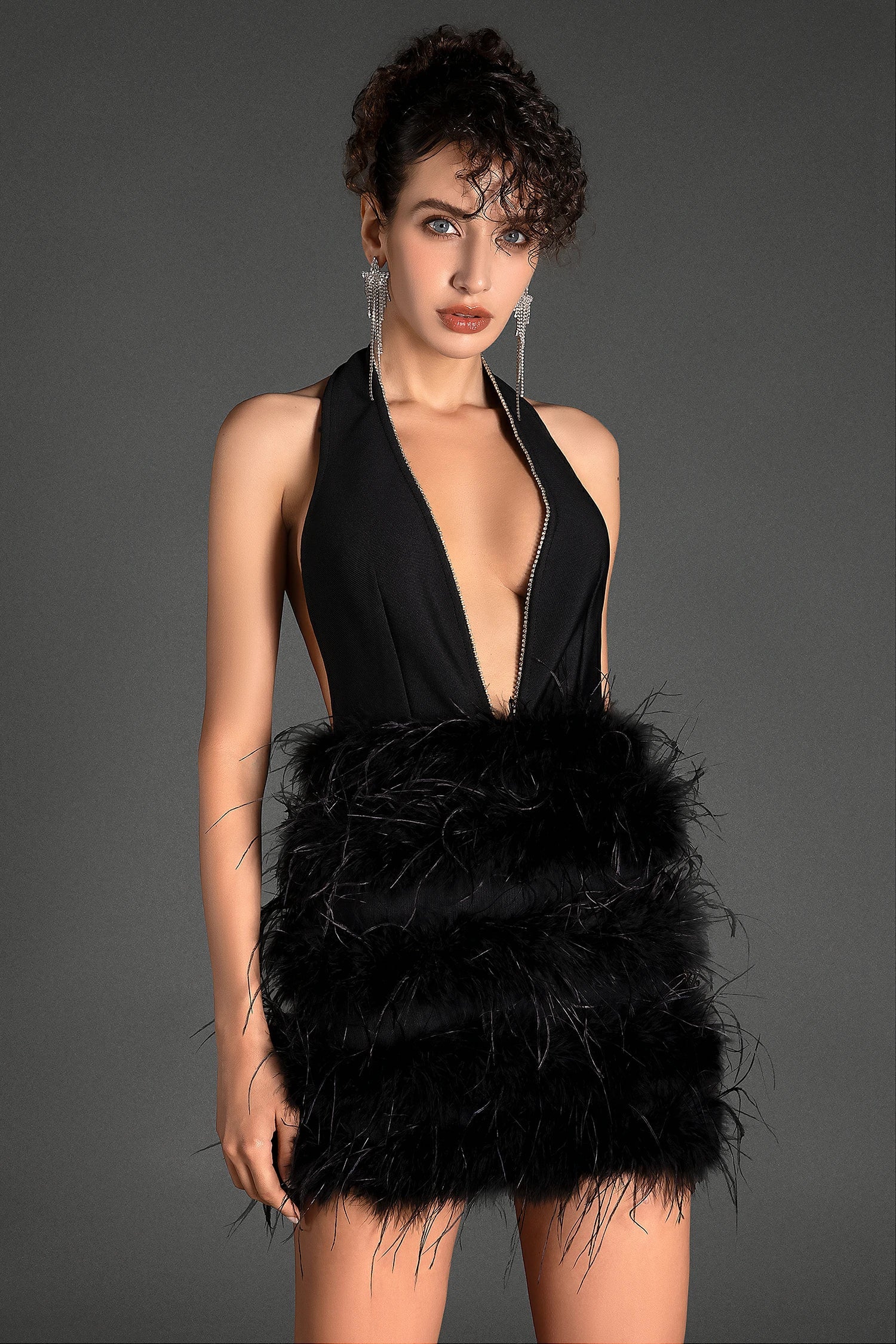 Primiadi Halter Cutout Feather Mini Dress