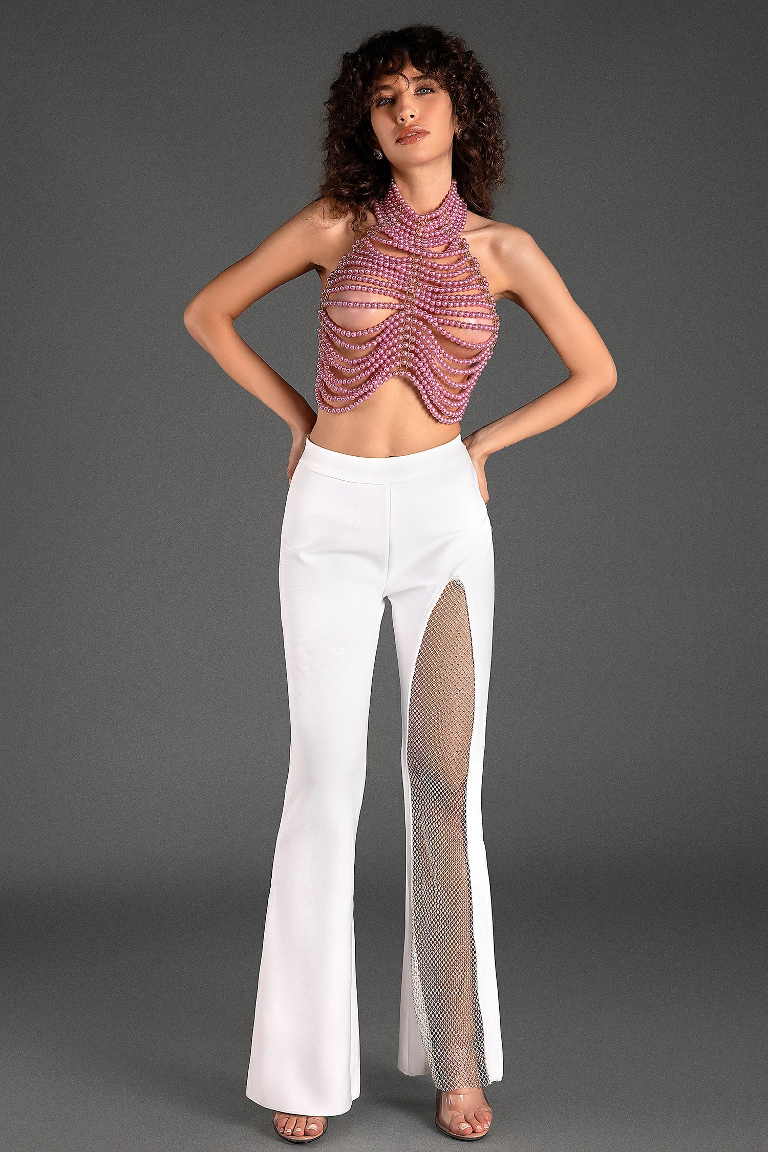 Lillidi Halter Pearl Backless Top In Pink