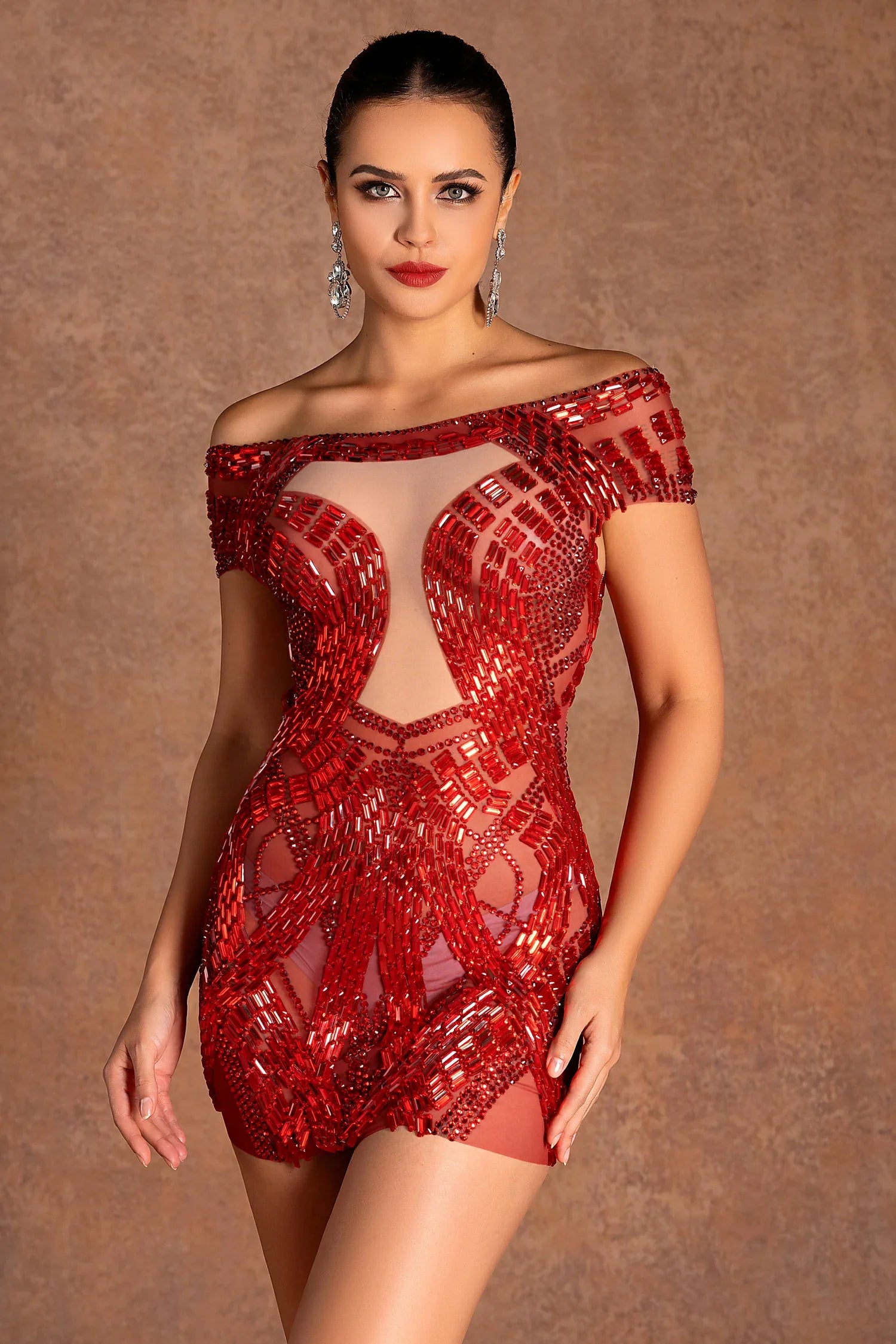 Msrah Rhinestone Mesh Mini Dress