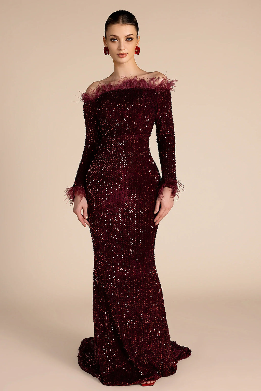 Adofo Long Sleeve Feather Maxi Dress