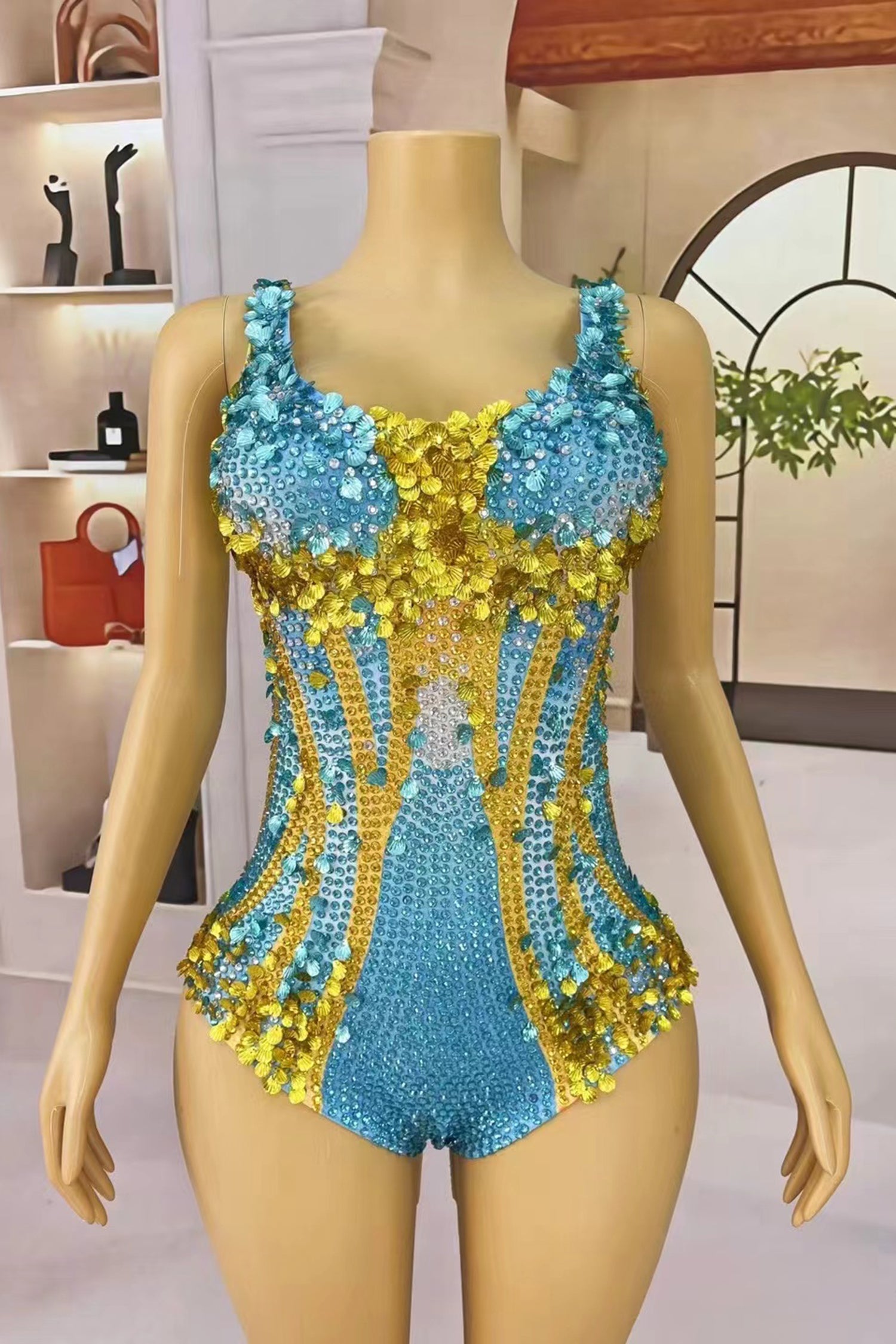 Stamides Seashell and Rhinestone Concert Bodysuit