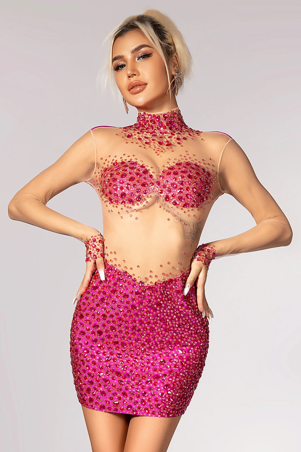 Blima Bodycon Crystal See Through Mesh Dress