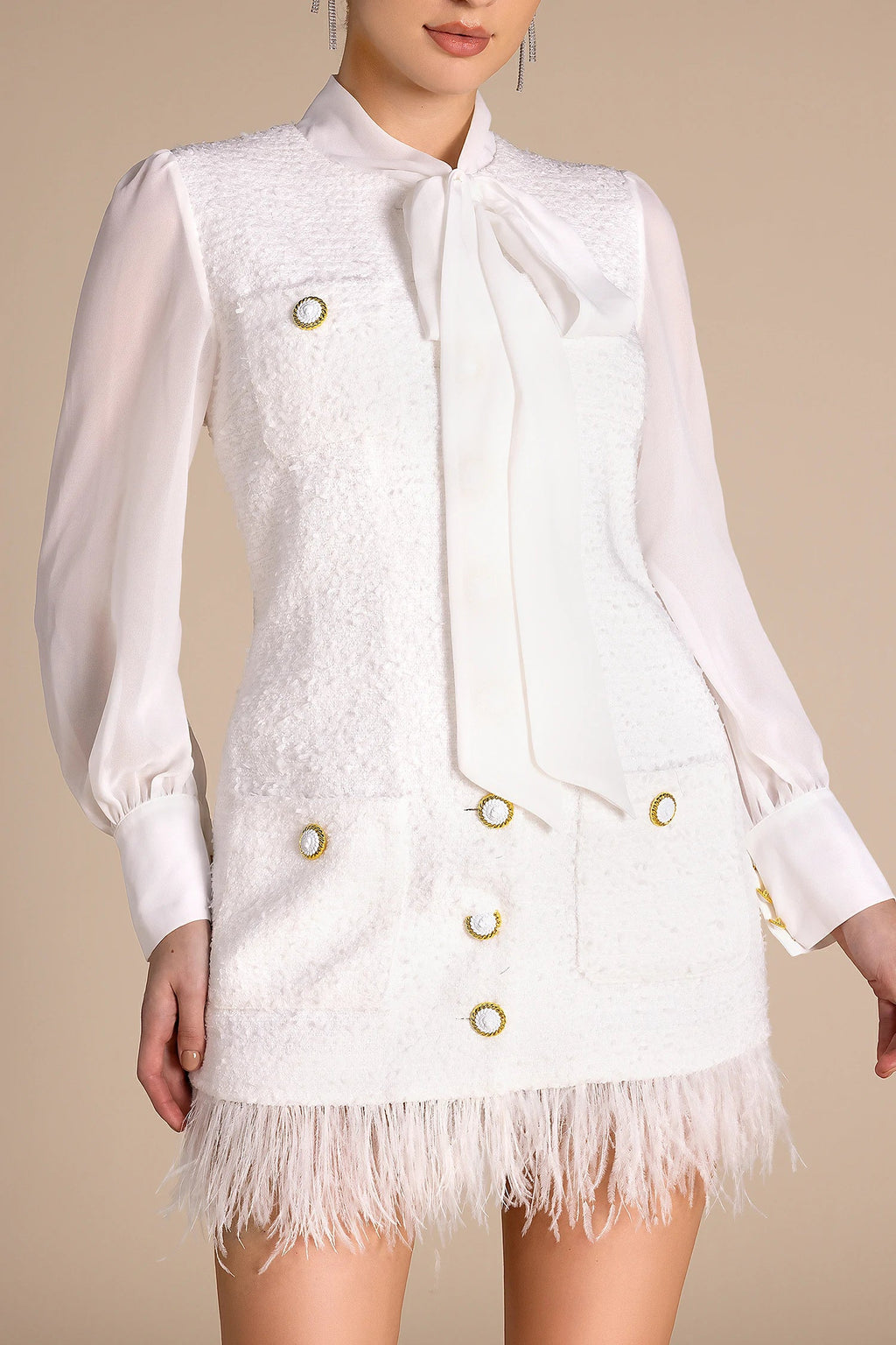 Hapu Feather Hem Chiffon Tweed Dress