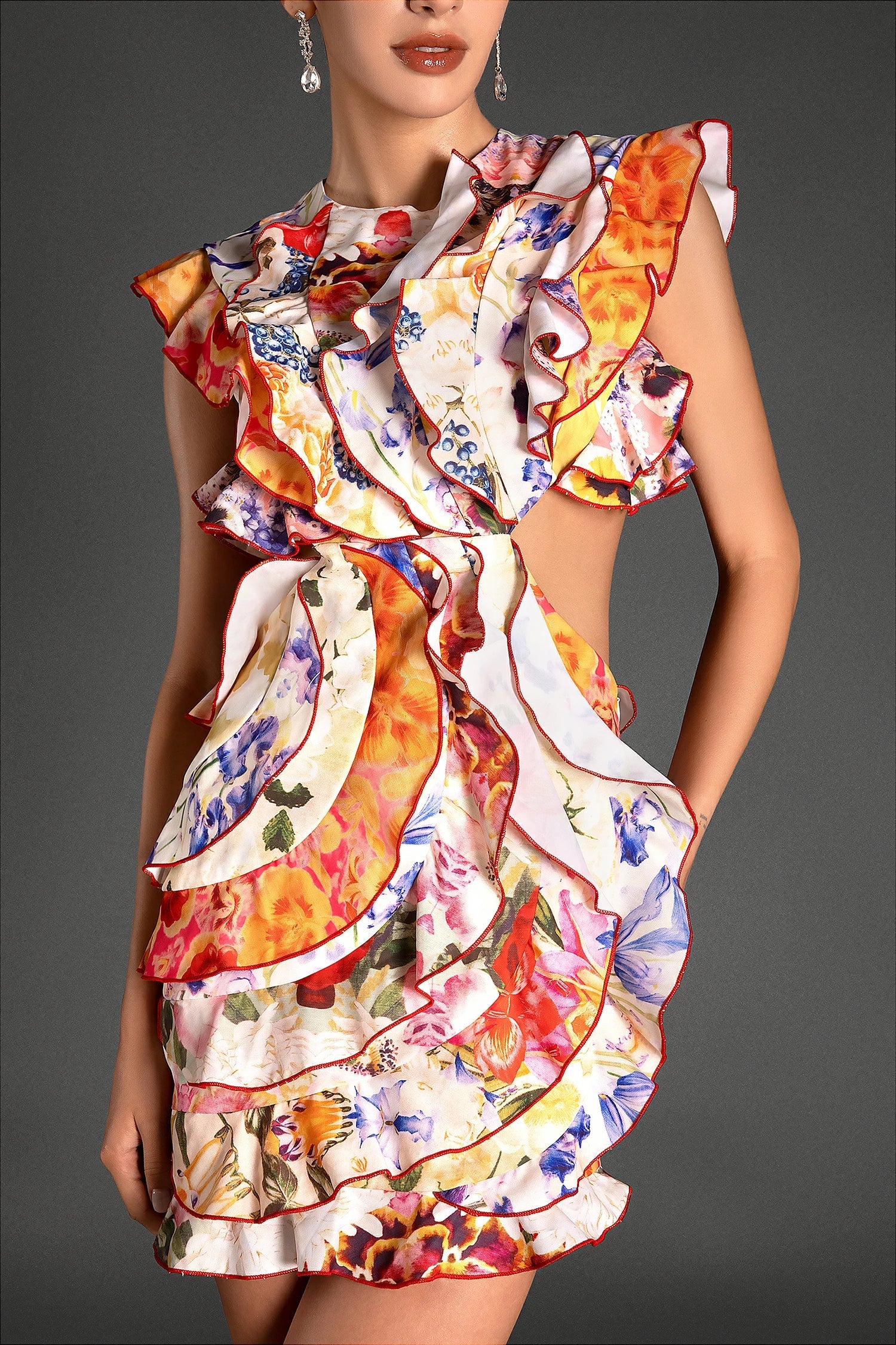 Tantalas Ruffle Cutout Floral Mini Dress