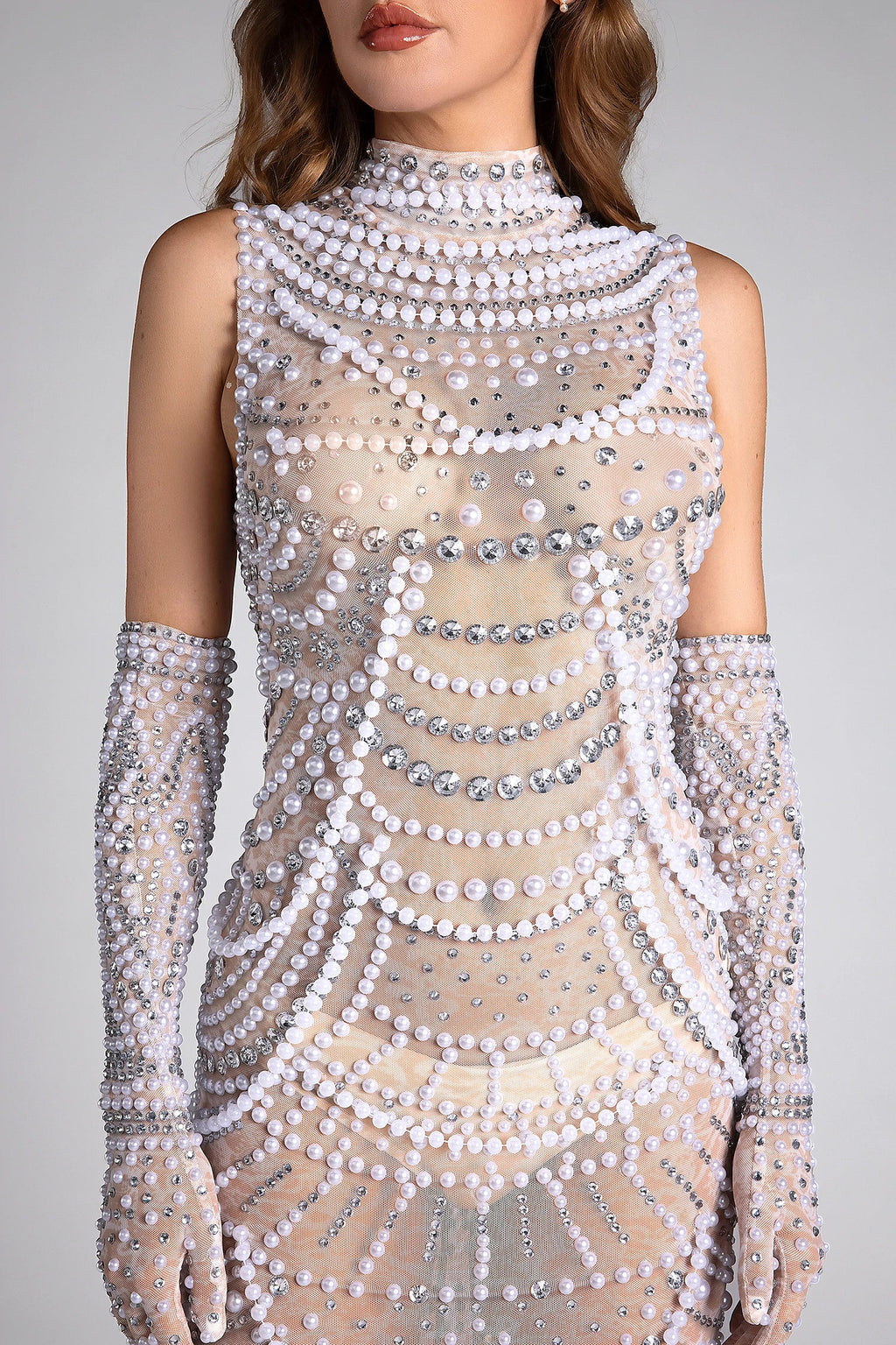 Tripea High Neck Pearl Chain Dress With Gloves