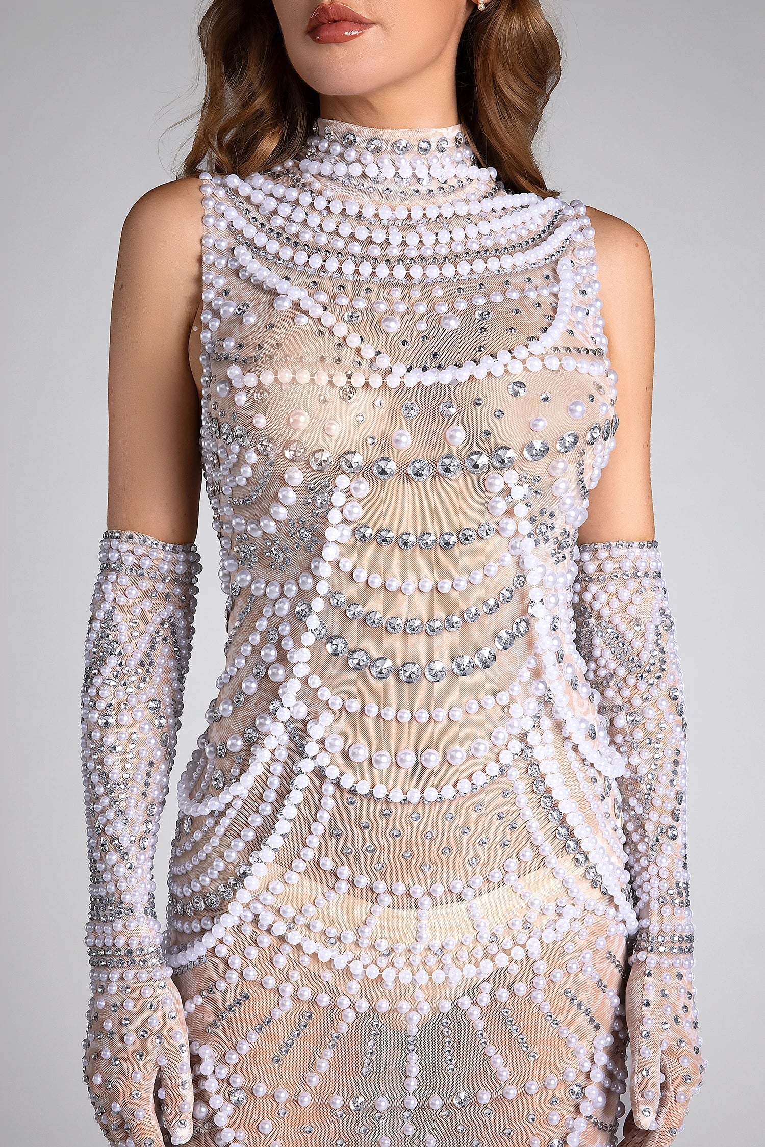 Tripea High Neck Pearl Chain Dress With Gloves