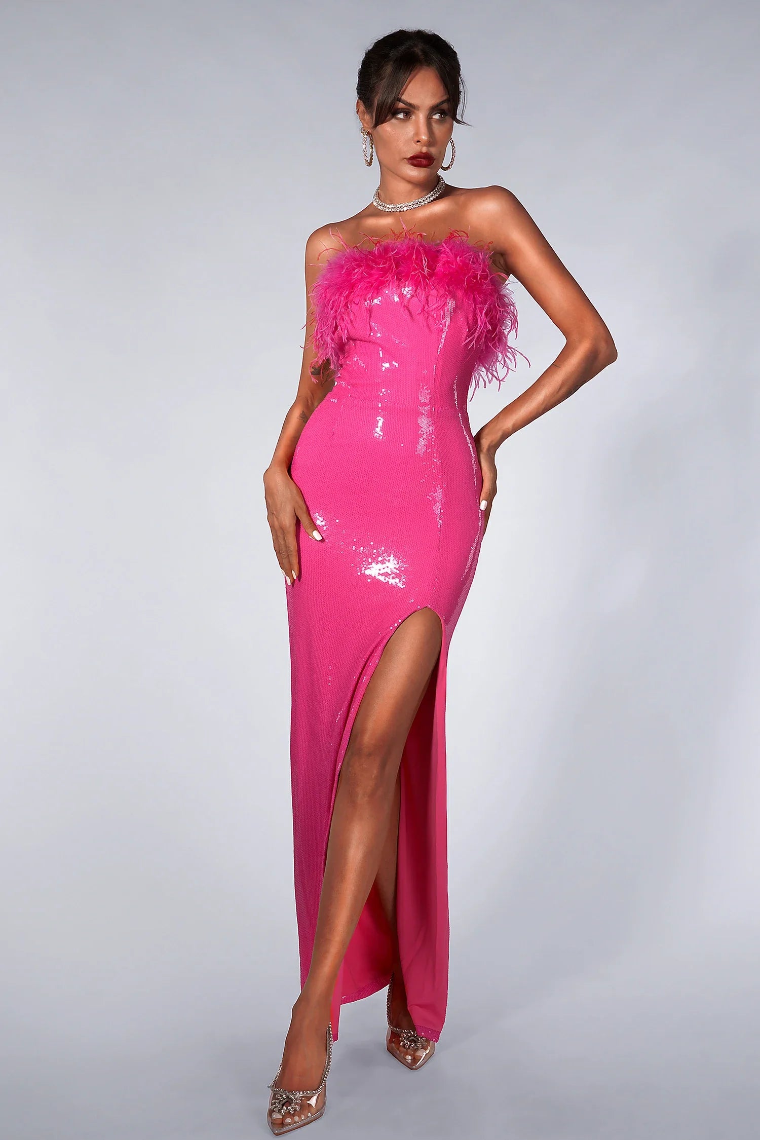 Carmencita Sequin Feather Maxi Dress