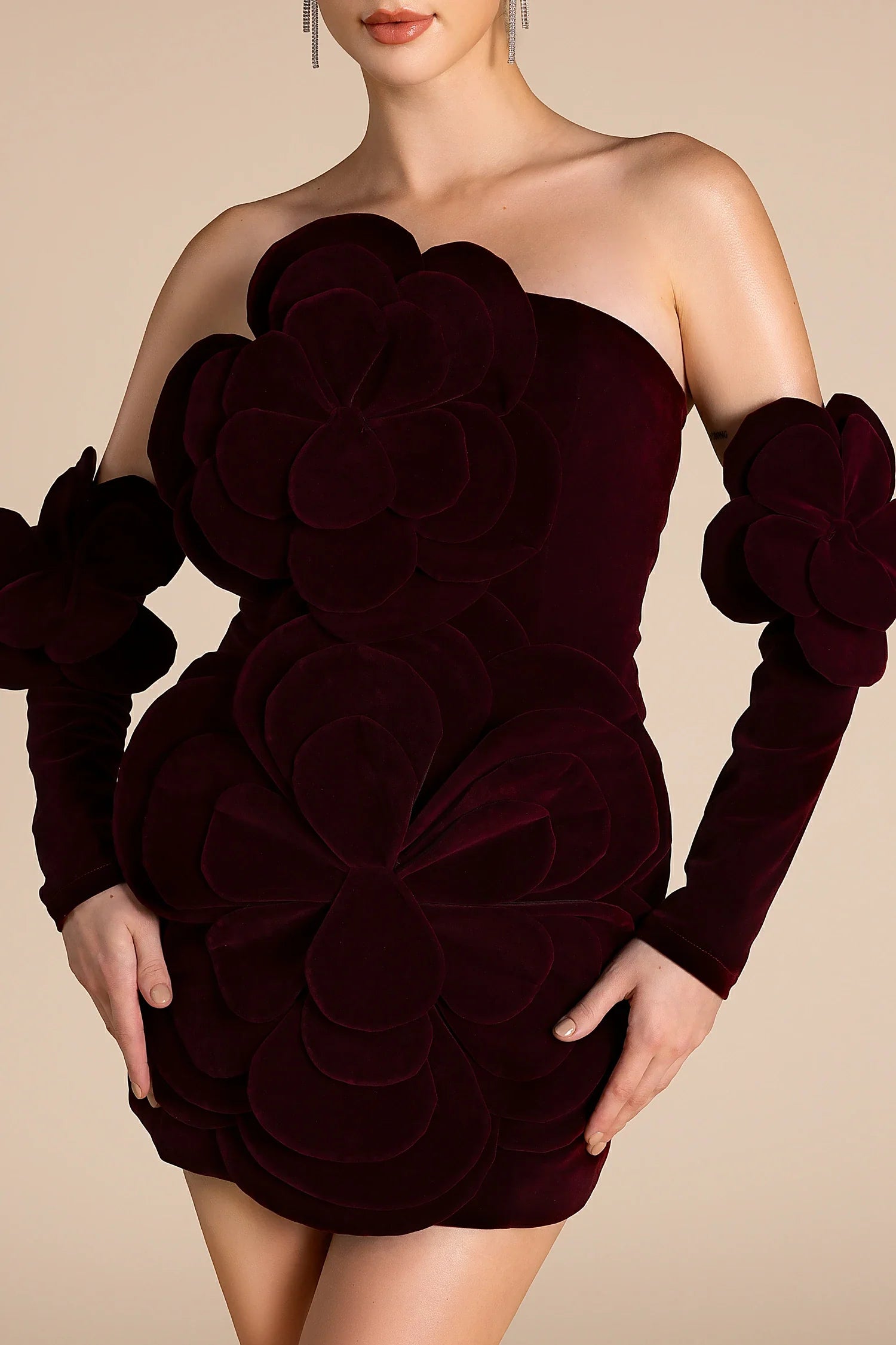 Phut Off Shoulder 3D Flower Mini Dress With Gloves