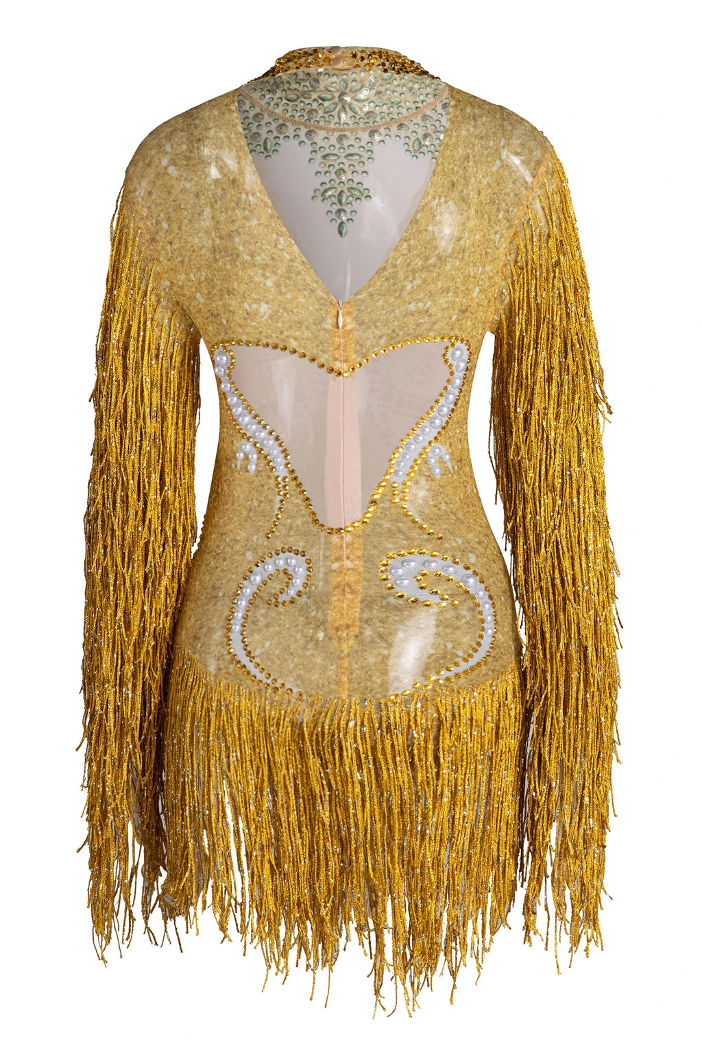 Platon Mesh Rhinestone Fringe Bodysuit