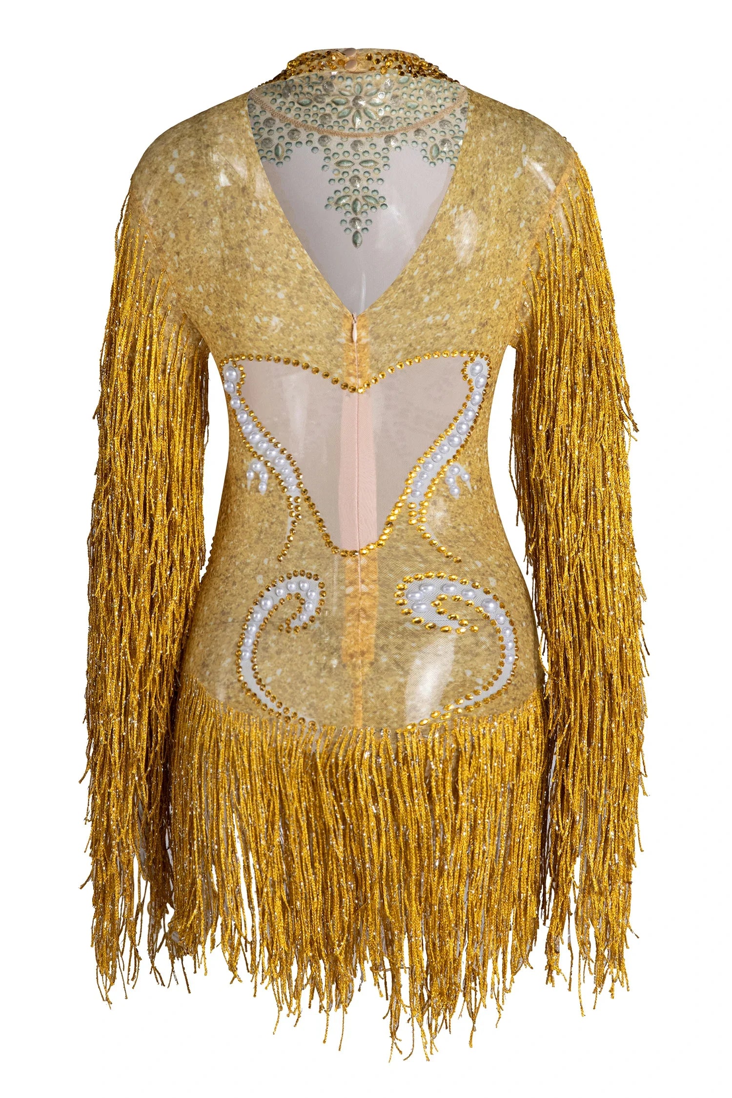 Platon Mesh Rhinestone Fringe Bodysuit