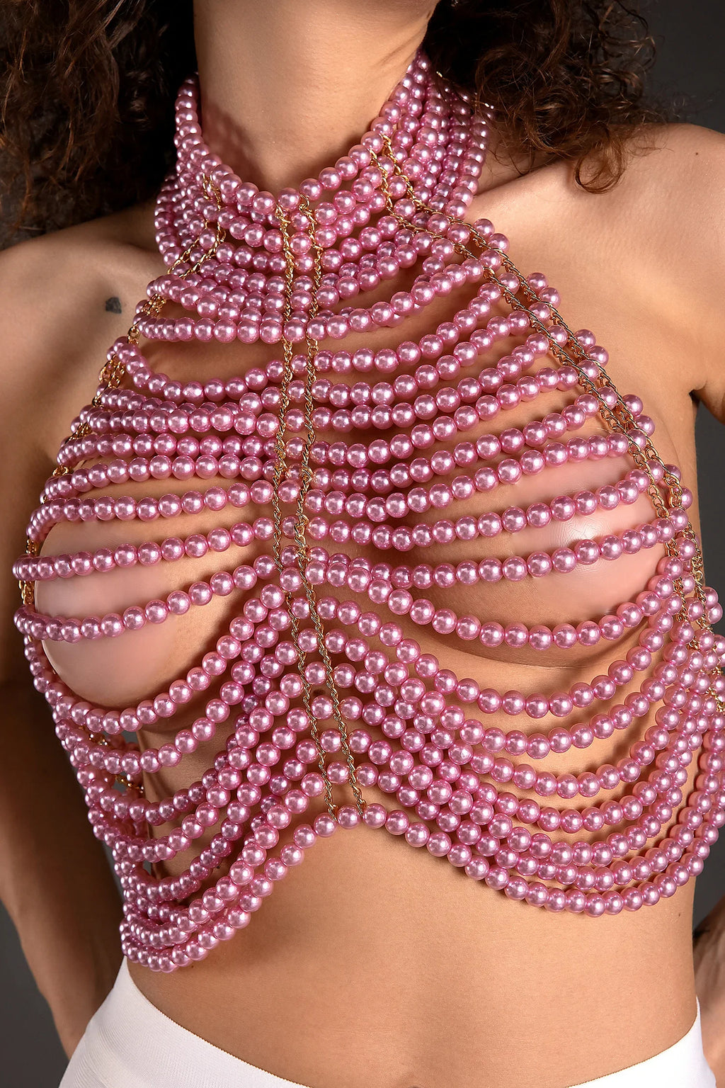 Lillidi Halter Pearl Backless Top In Pink