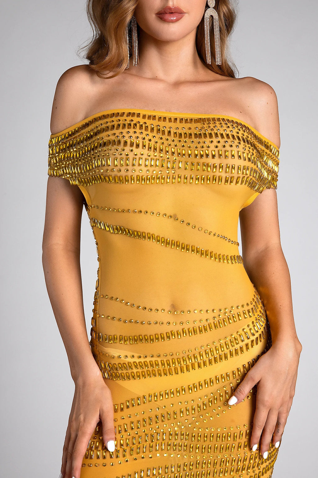 Dale Rhinestone See-Through One Shoulder Dress