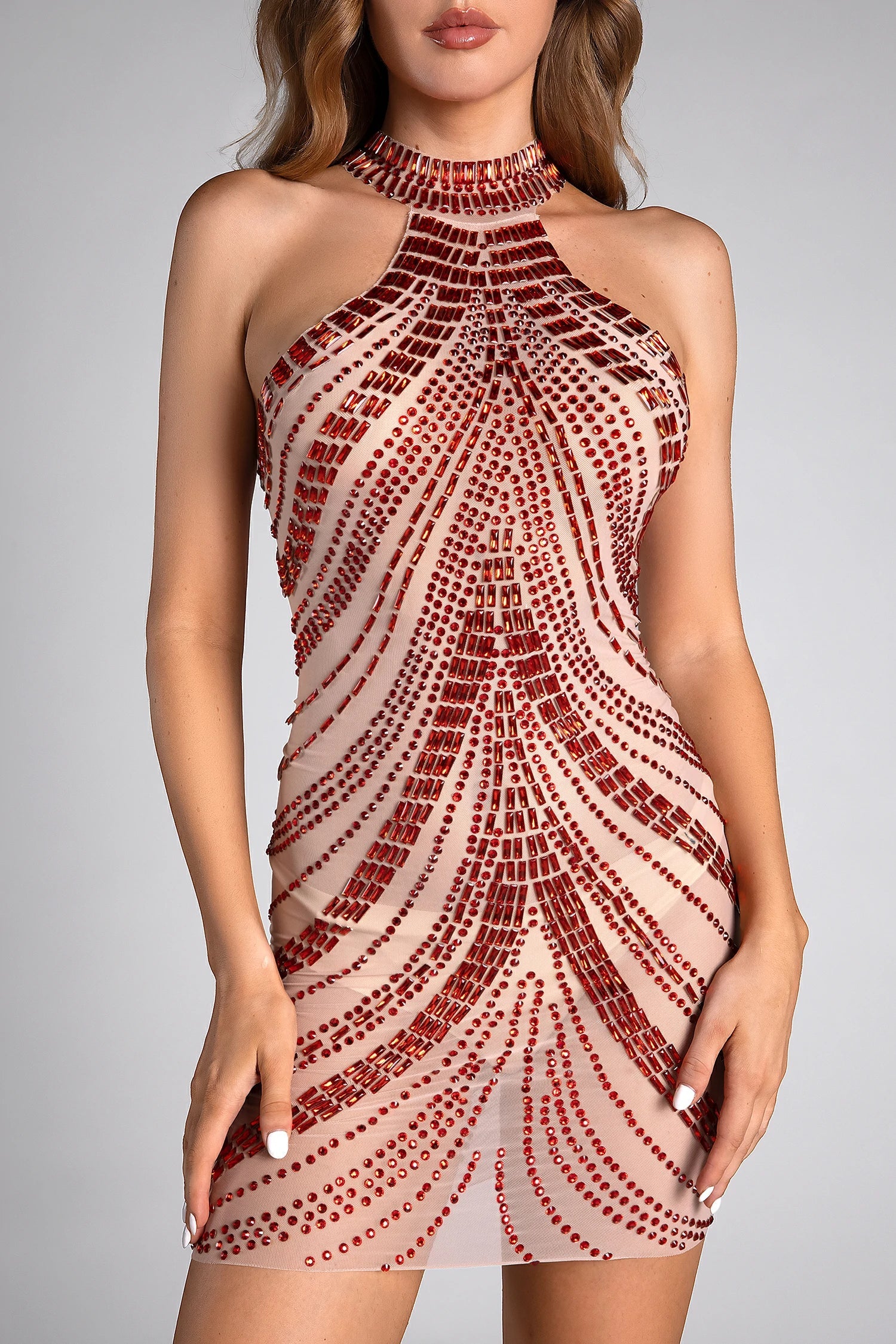 Evlampia Rhinestone Halter Neck Mesh Mini Dress