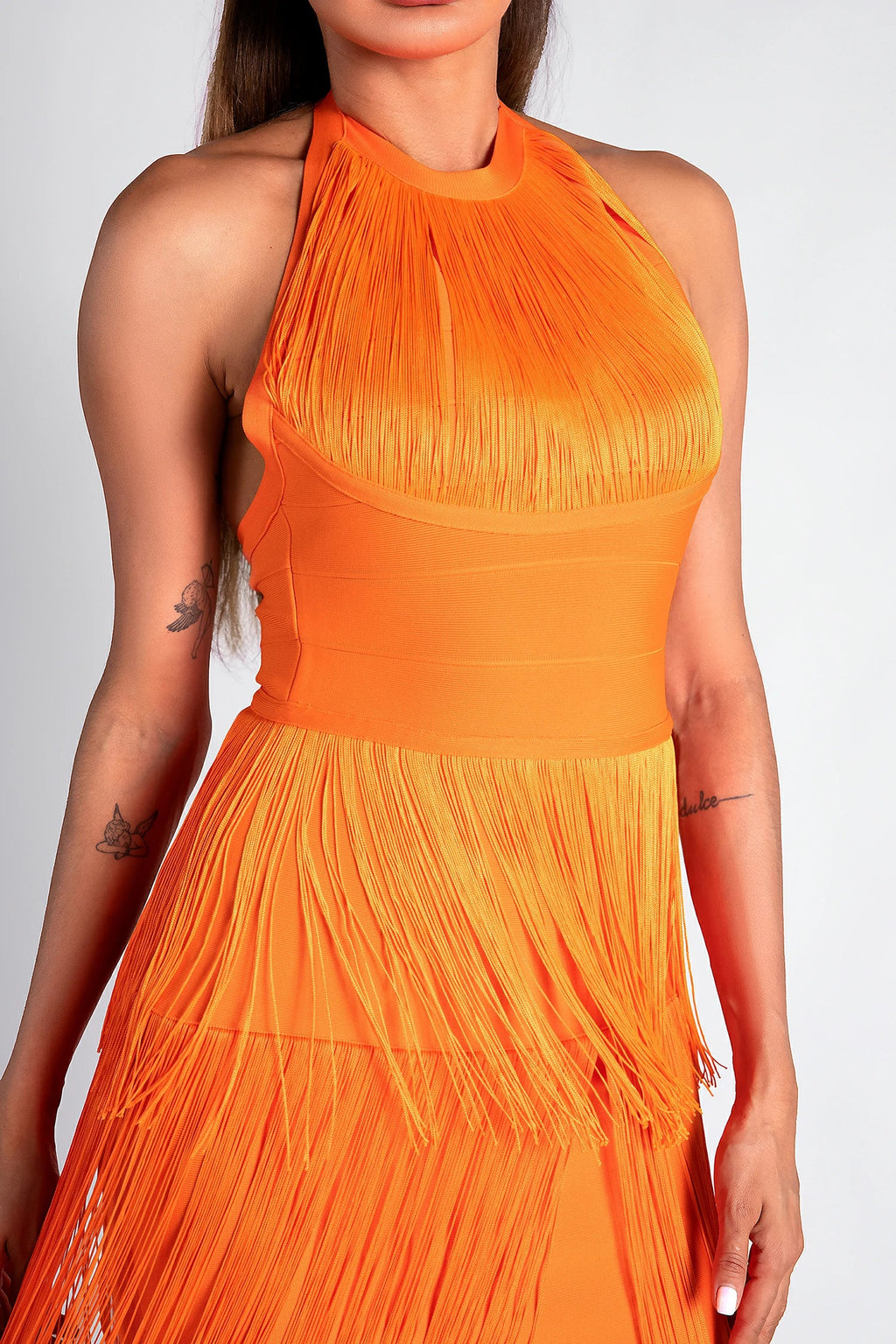 Monoti Halter Fringe Bandage Dress