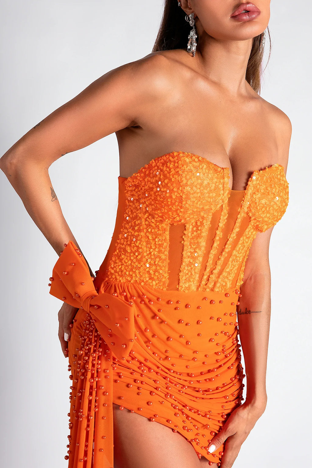 Lilloulis Off Shoulder Sequin Draped Mini Dress