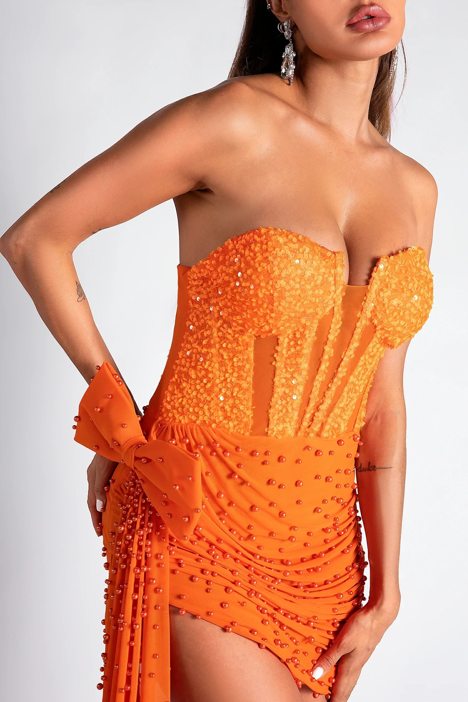 Lilloulis Off Shoulder Sequin Draped Mini Dress