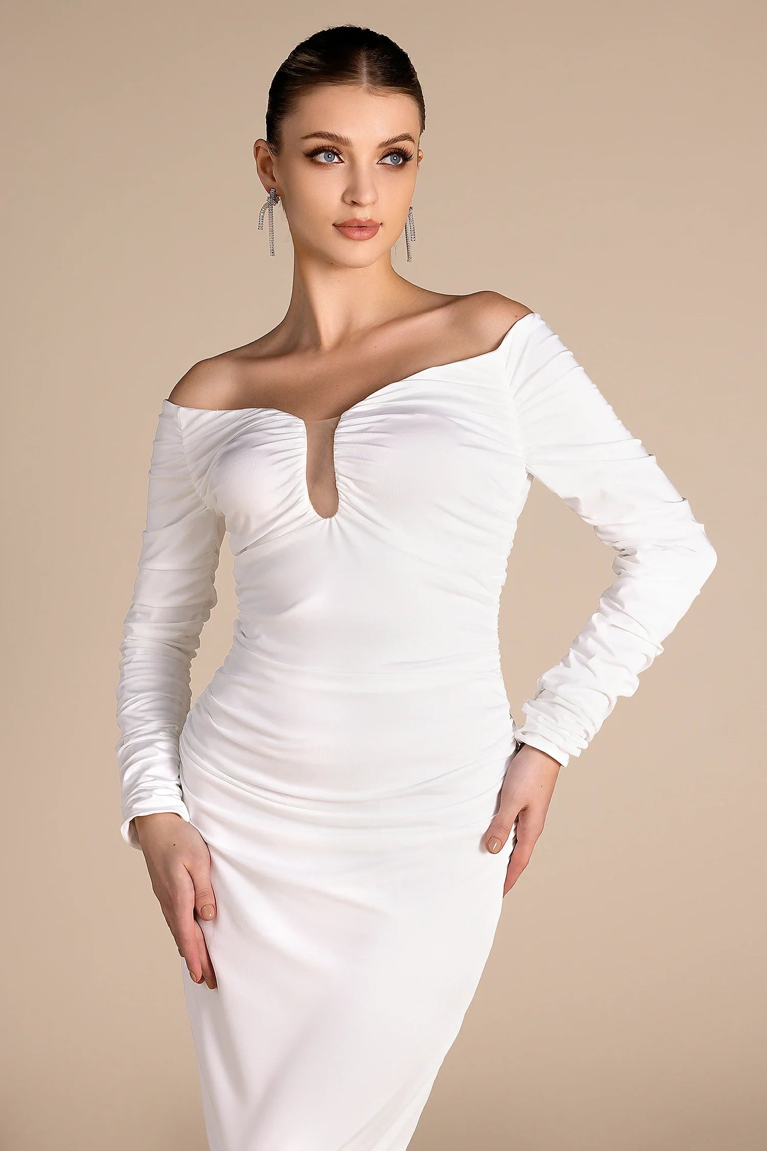 Sakhmet Long Sleeve Pleat Plunge Neck Dress