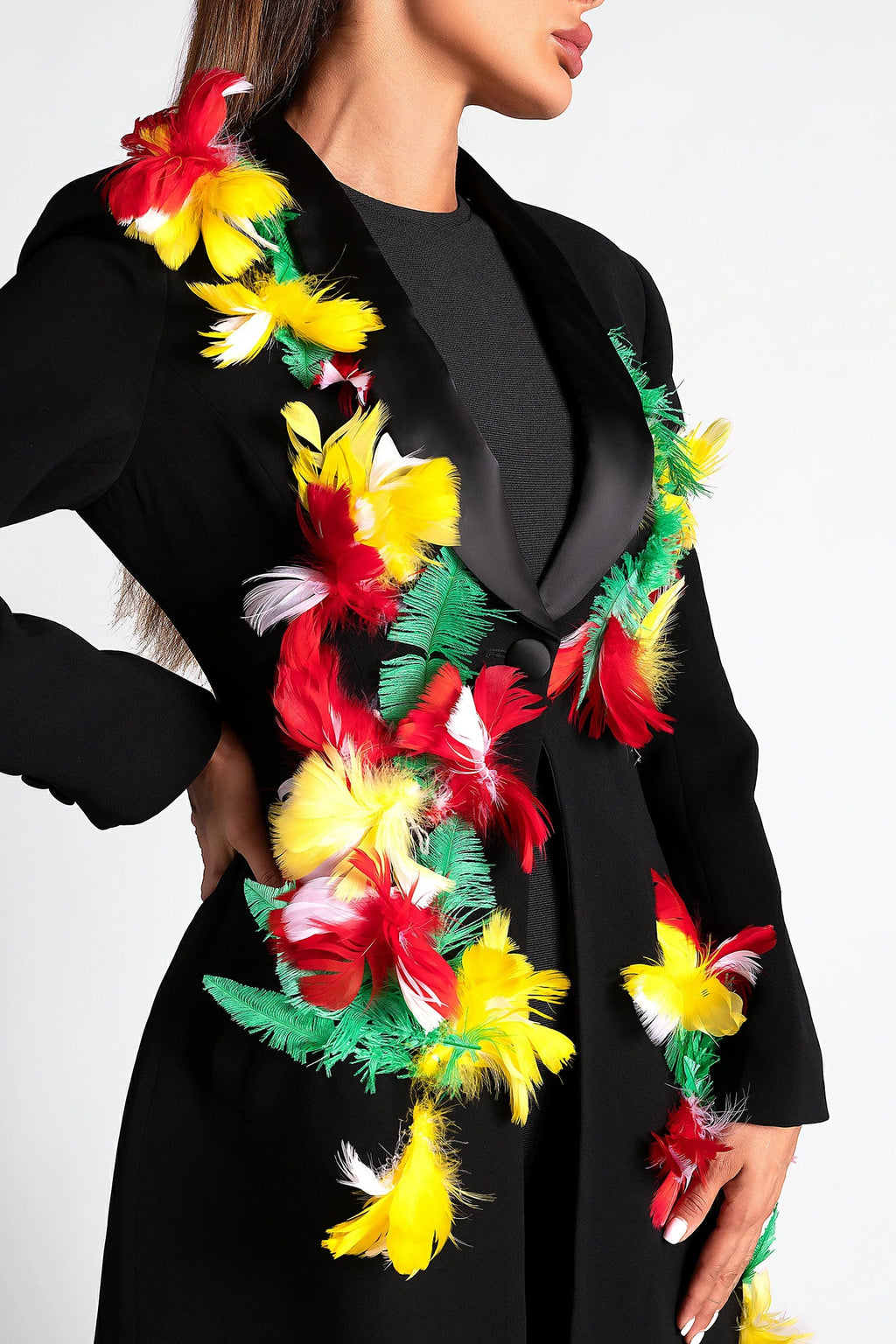 Ebonee Feather Embellished Long Coat