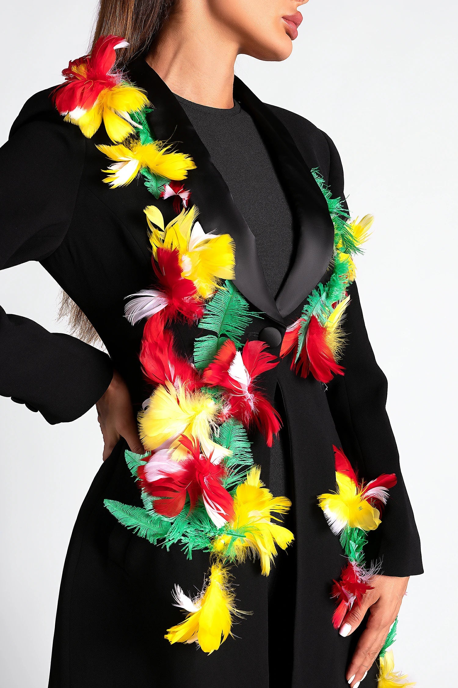 Ebonee Feather Embellished Long Coat