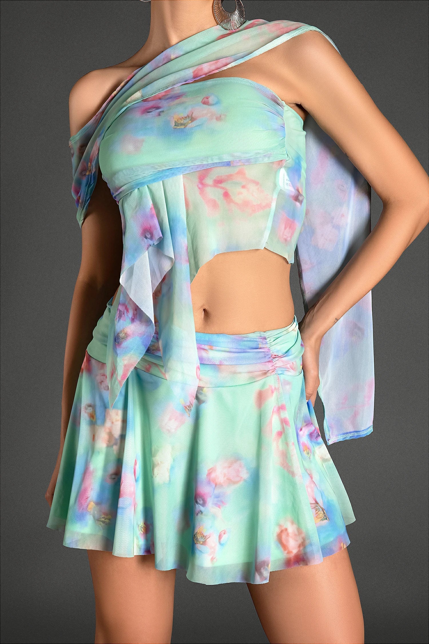 Stathoti Ruffle Print Draped Dress Set