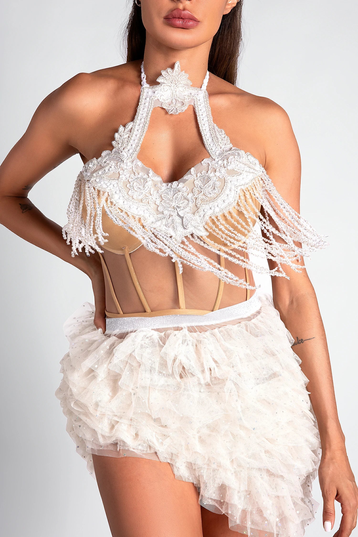 Zoe Halter Fringe Asymmetric Dress Set