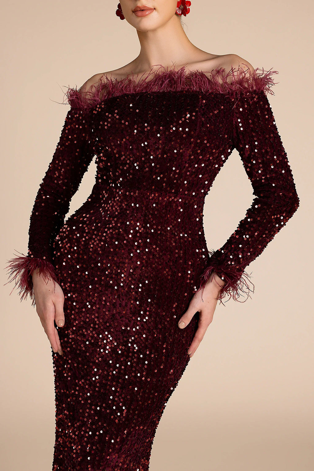 Adofo Long Sleeve Feather Maxi Dress