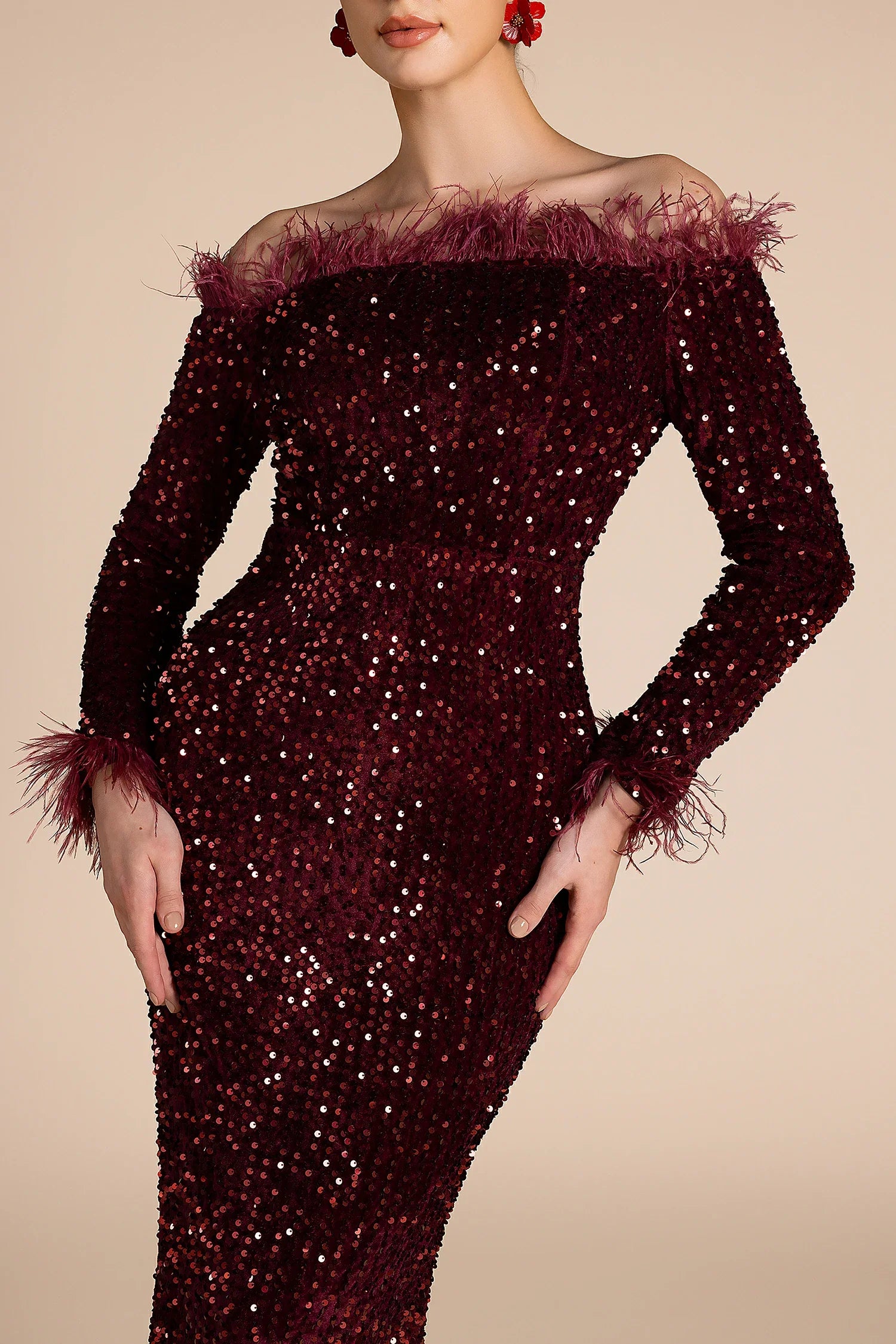 Adofo Long Sleeve Feather Maxi Dress