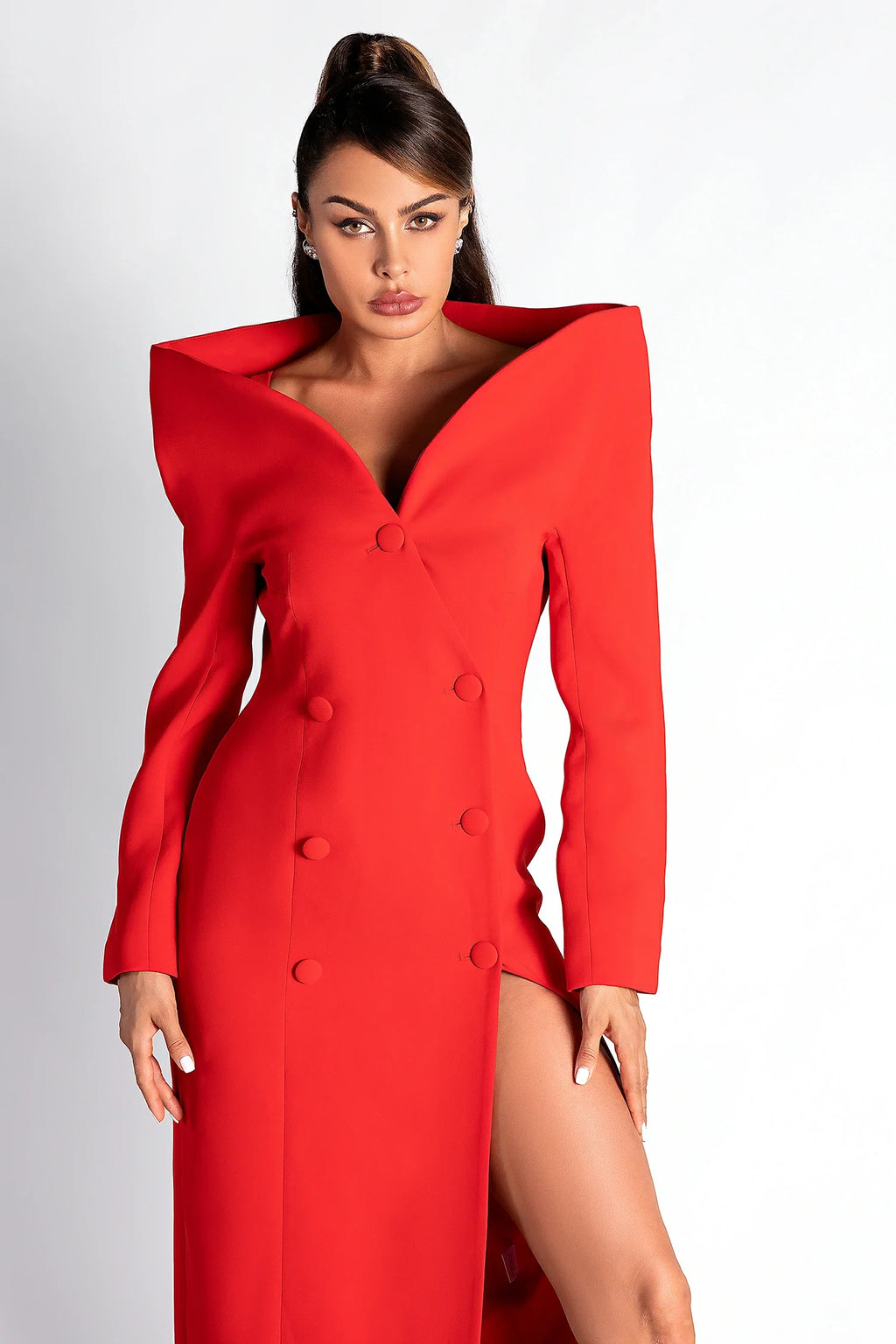 Naunet Sculpted Collar Slit Midi Dress