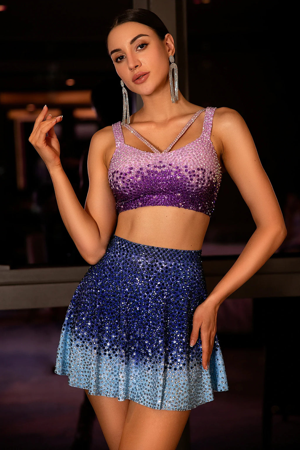 Margeta Rhinestone Ombre Glitter 3 Piece Skirt Set