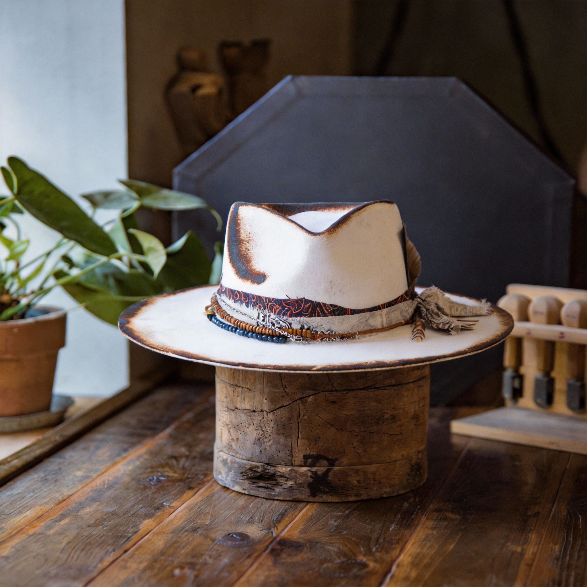 Vintage Distressed Fur Felt Hat with Wide Brim
