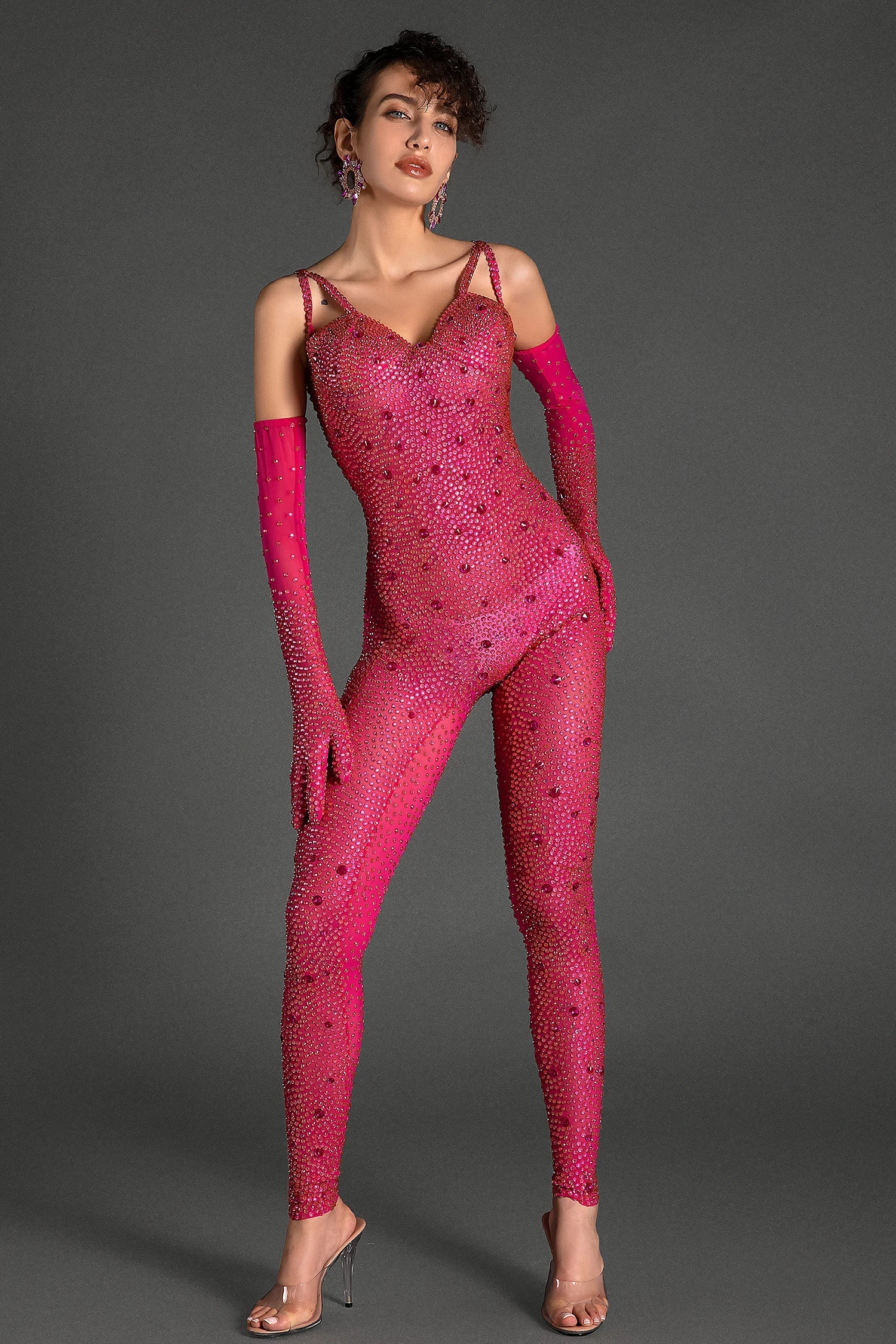 Pre-Sale Comatos Strap Rhinestone Jumpsuit With Gloves
