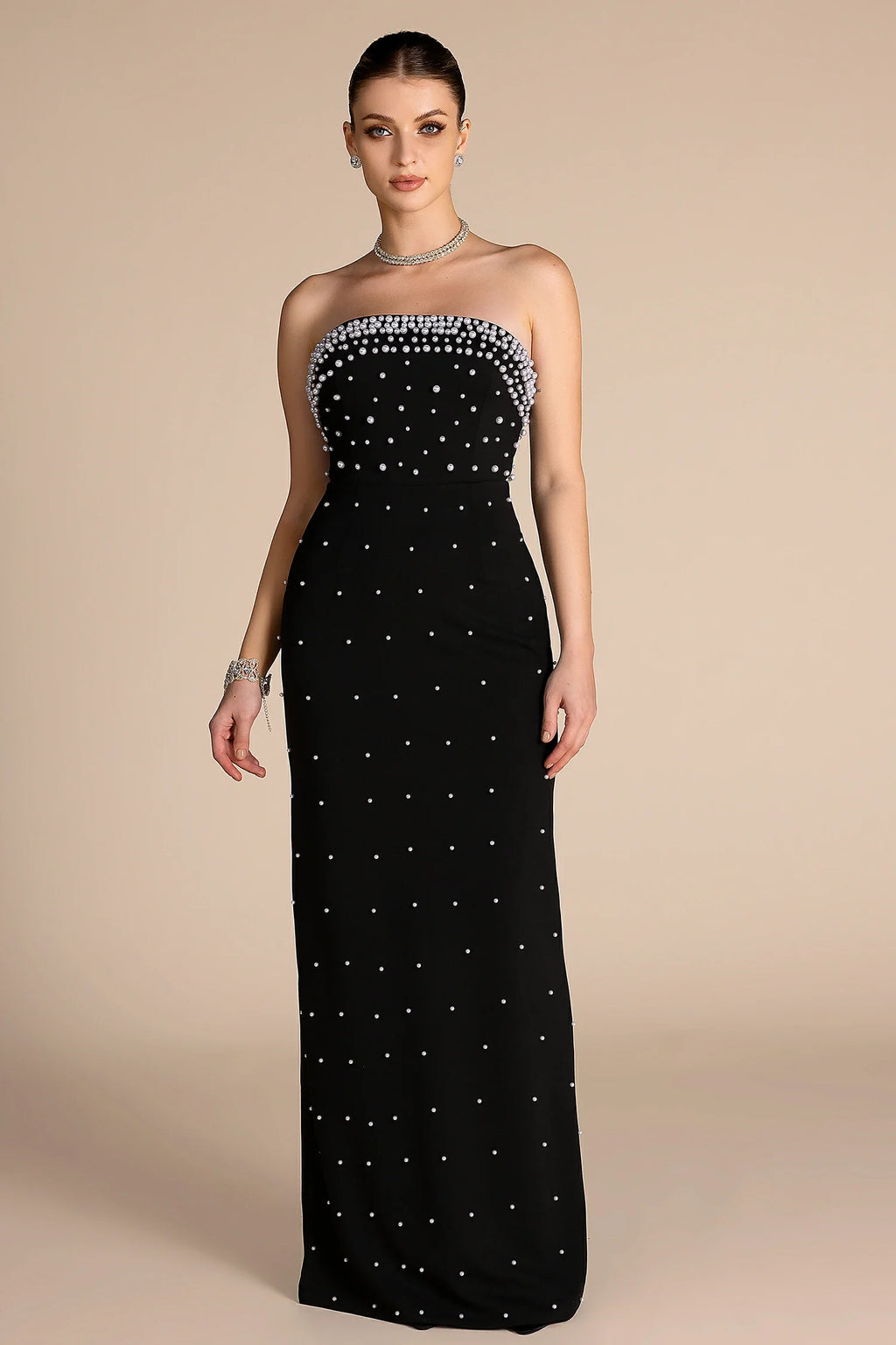 Cheops Off Shoulder Pearl Maxi Dress