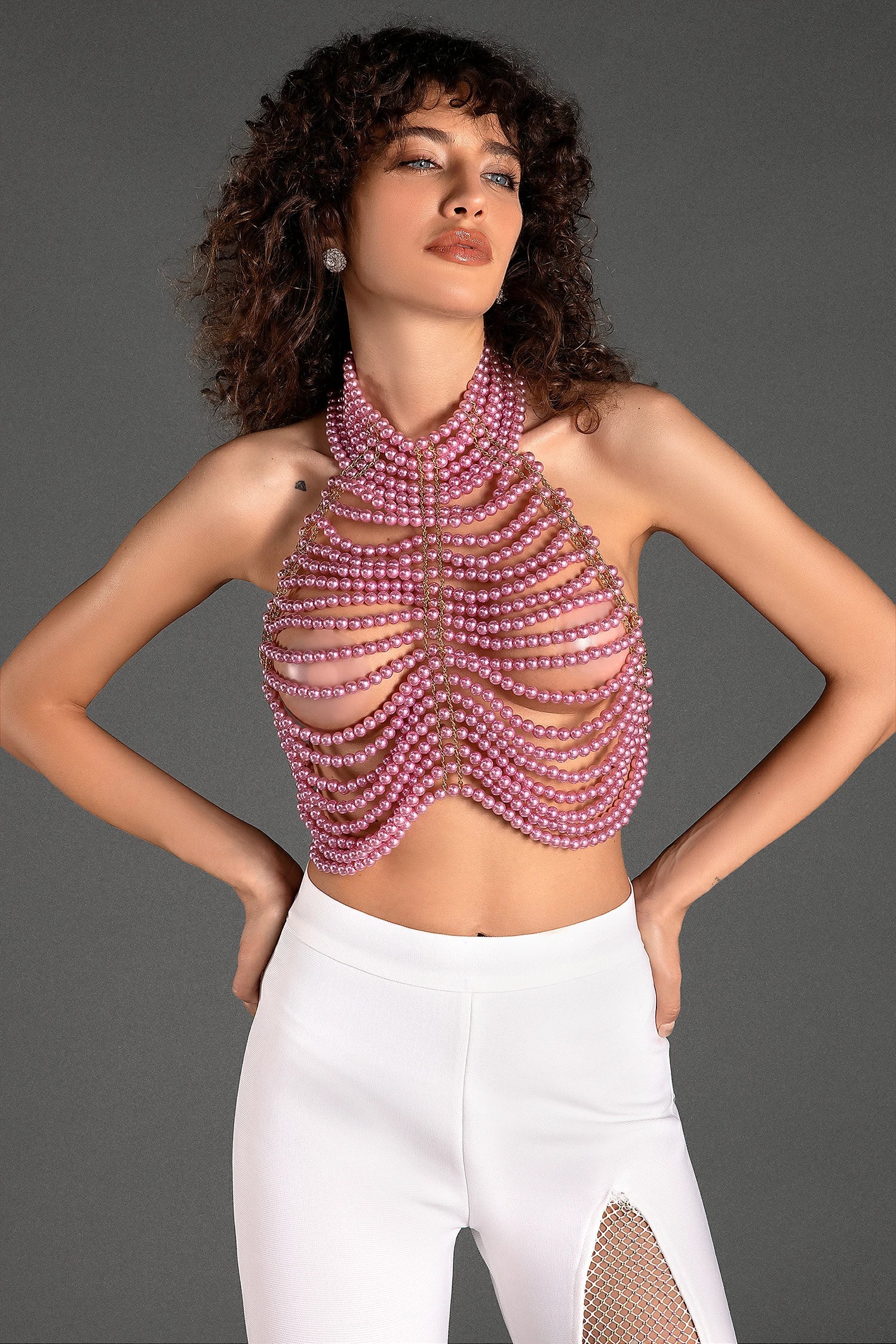 Lillidi Halter Pearl Backless Top In Pink