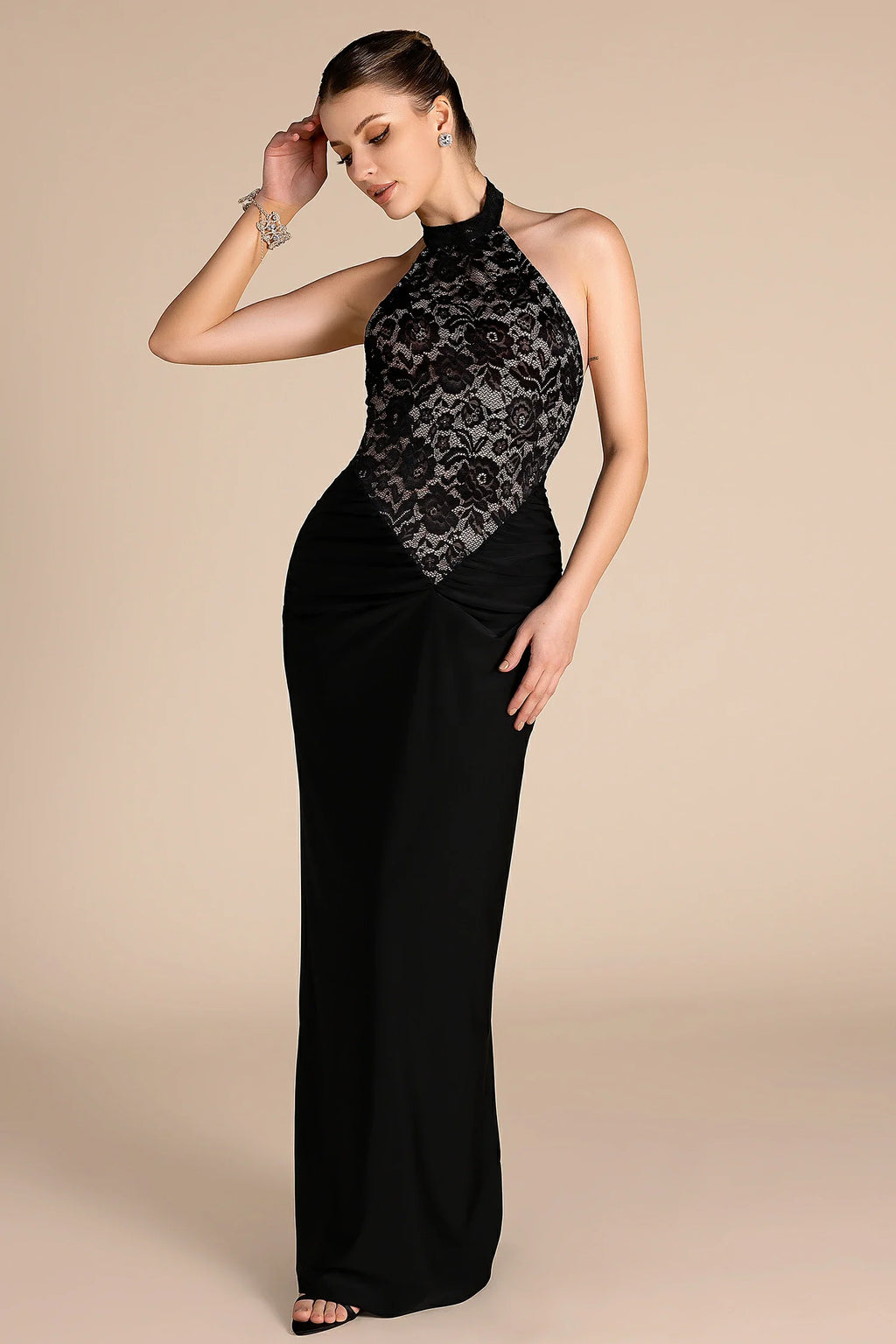 Salih Halter Lace Patchwork Maxi Dress