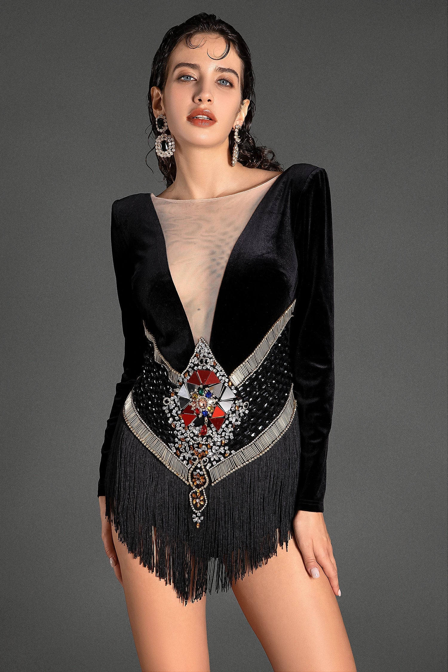 Kaniadi Long Sleeve Velvet Crystal Fringe Bodysuit