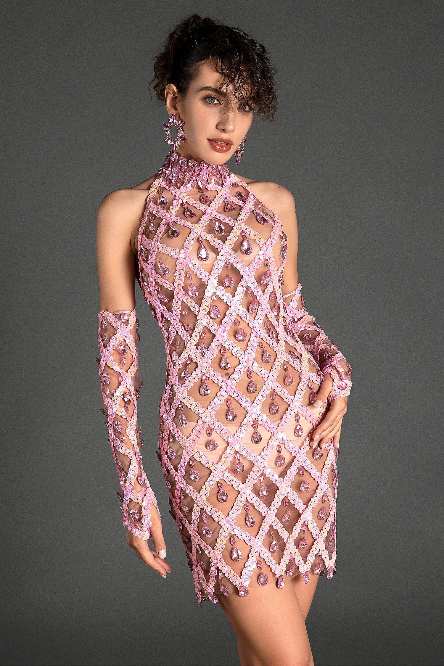 Panikos Diamond Sequin Sheer Dress With Gloves