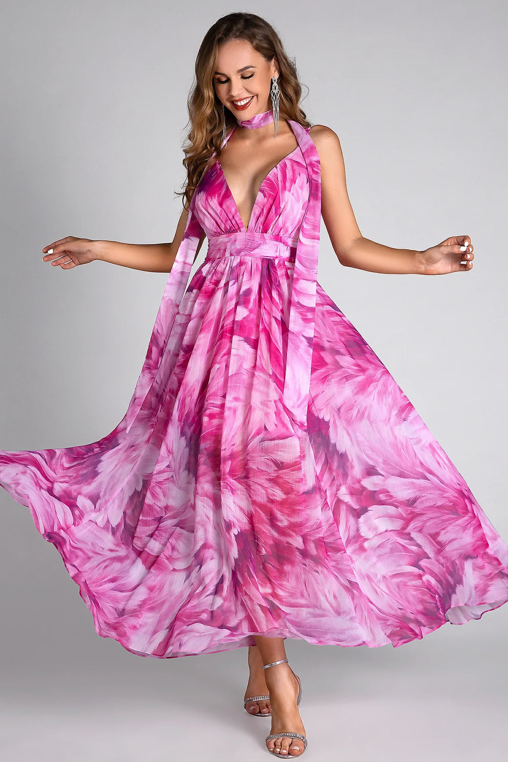 Eliza Floral Print Deep V Vacation Maxi Dress