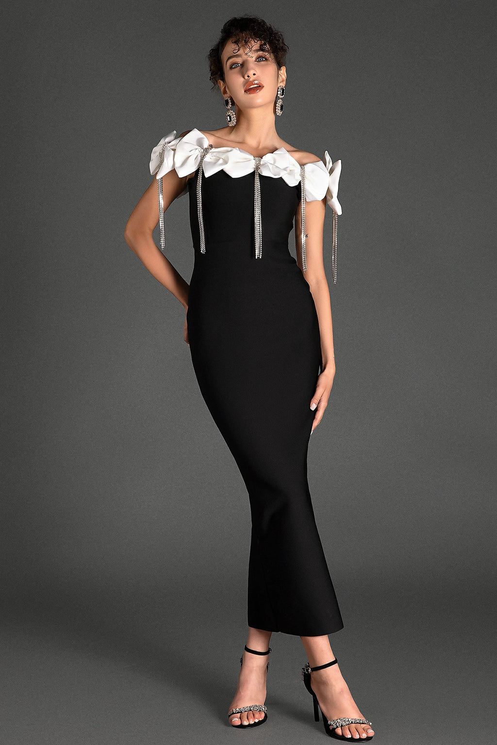 Palaiolis Bow Rhinestone Fringe Bandage Dress