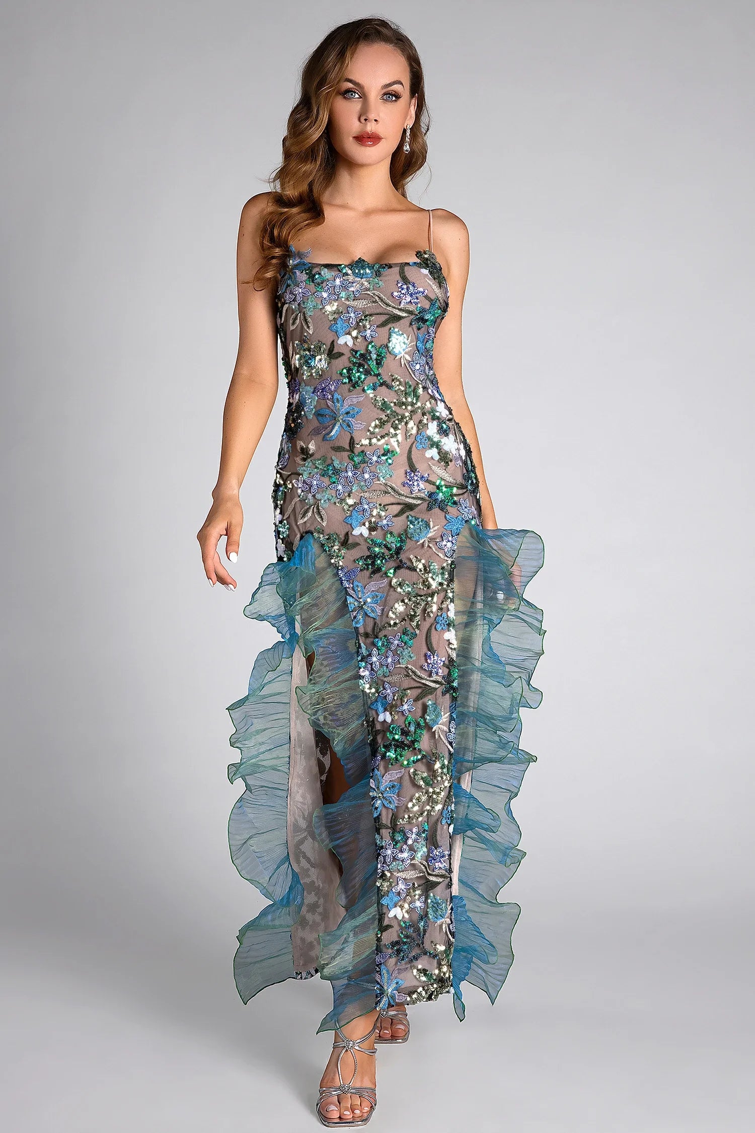 Celeste Floral Sequin Embroidered Ruffle Dress