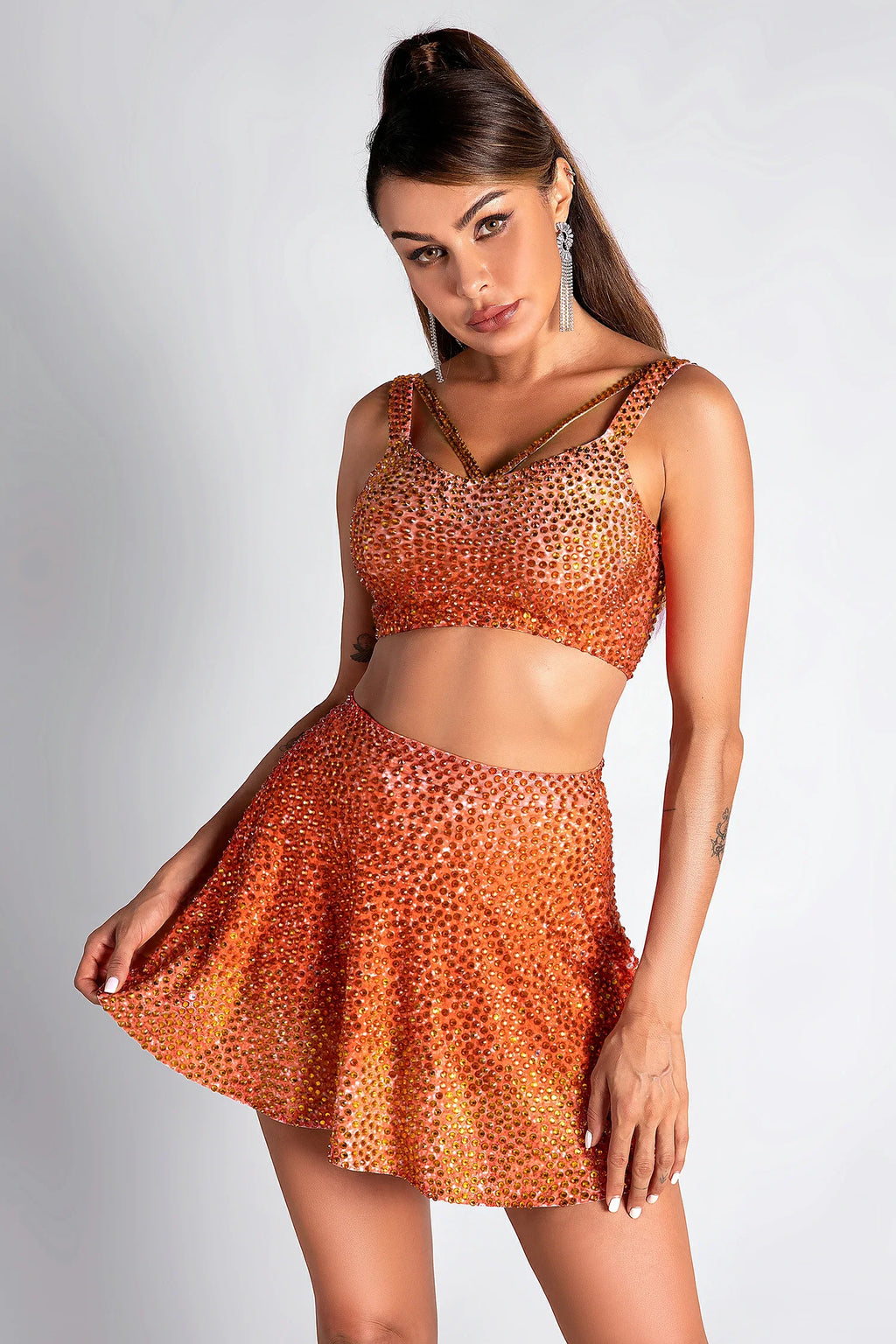 Melaki Orange Rhinestone 3 Piece Skirt Set
