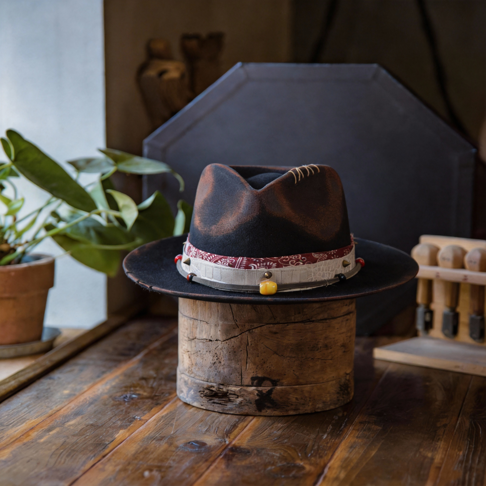 Retro Distressed Felt Hat with Wide Brim