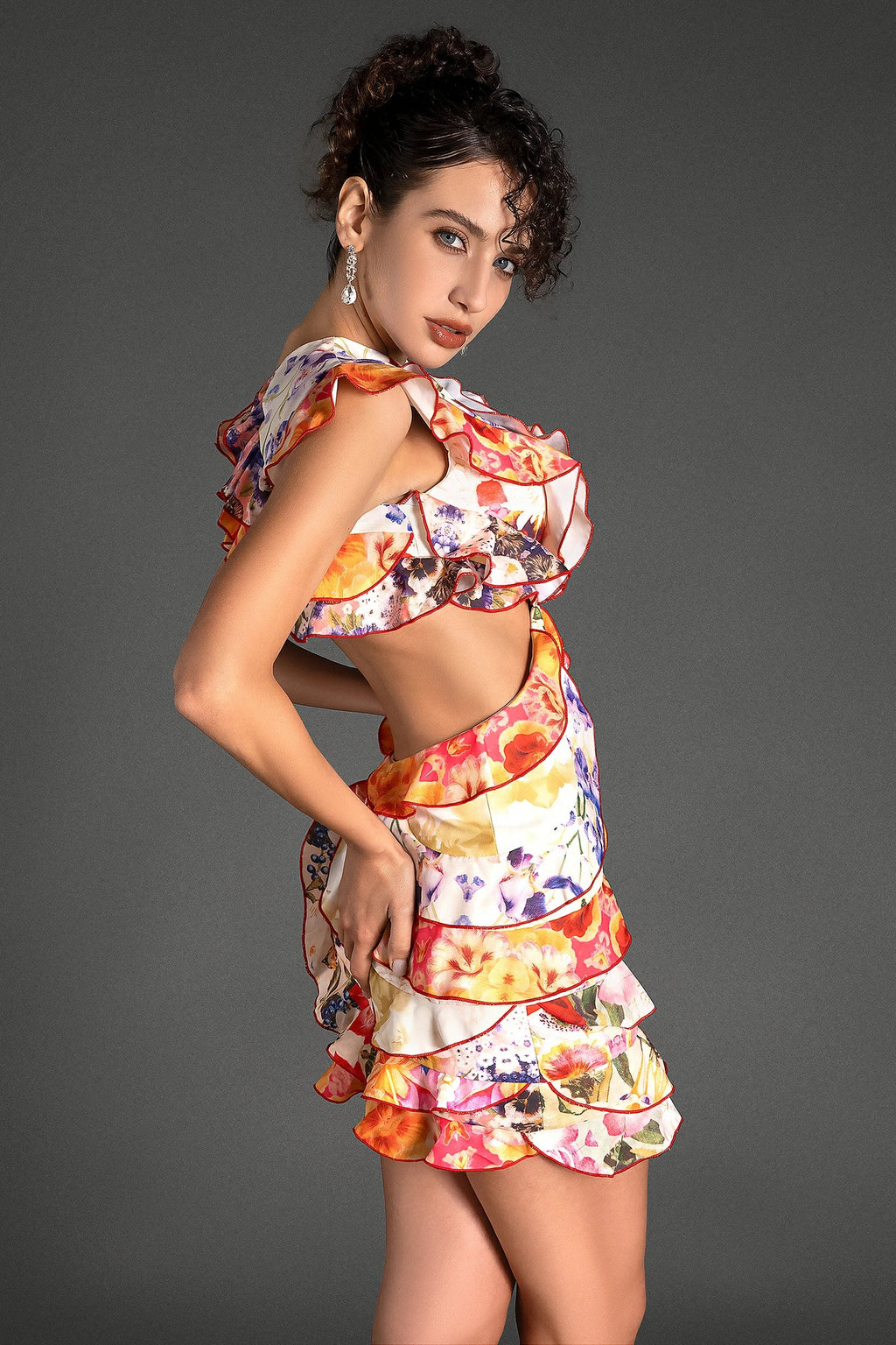 Tantalas Ruffle Cutout Floral Mini Dress