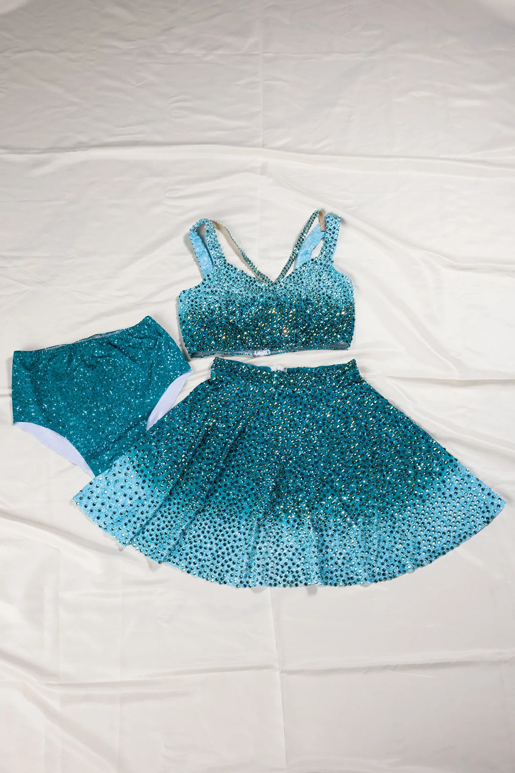 Blake DarkCyan Rhinestone Ombre Glitter 3 Piece Skirt Set