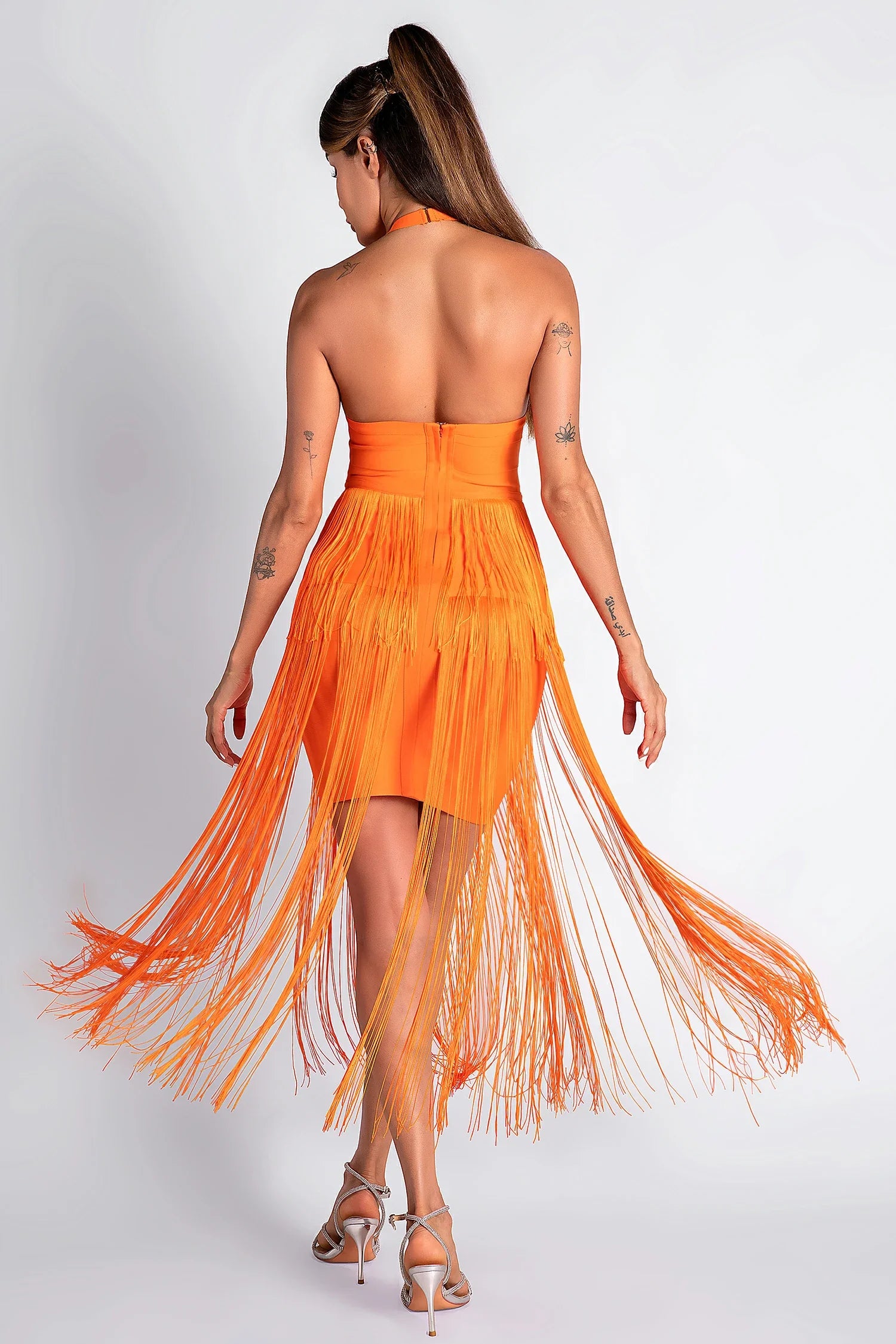 Monoti Halter Fringe Bandage Dress