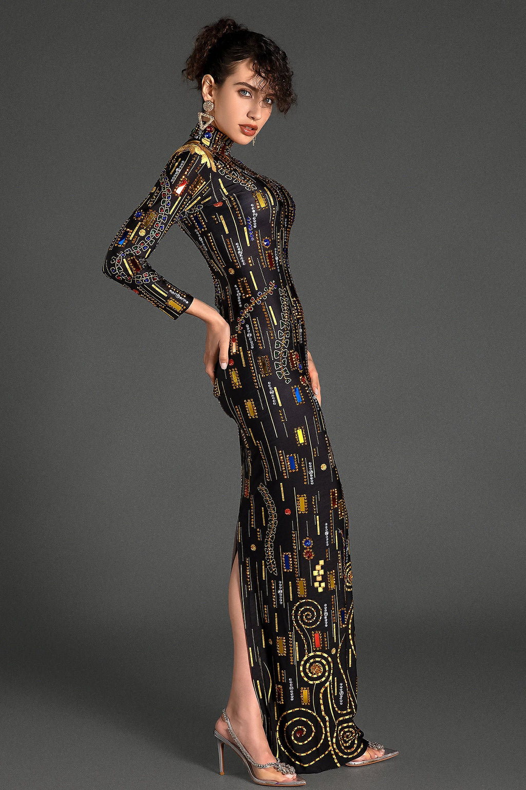 Puloulis Highneck Rhinestone Maxi Dress