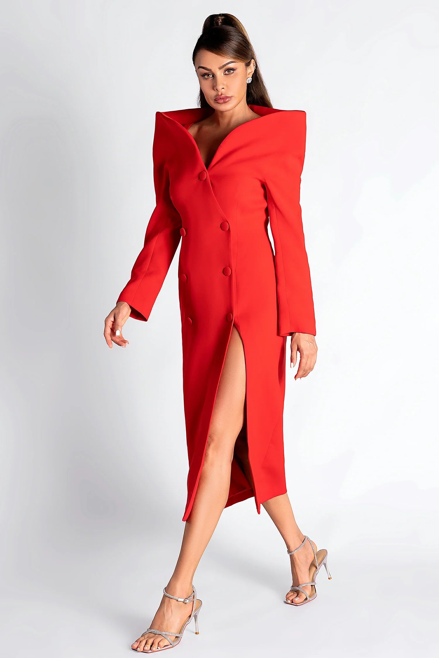 Naunet Sculpted Collar Slit Midi Dress